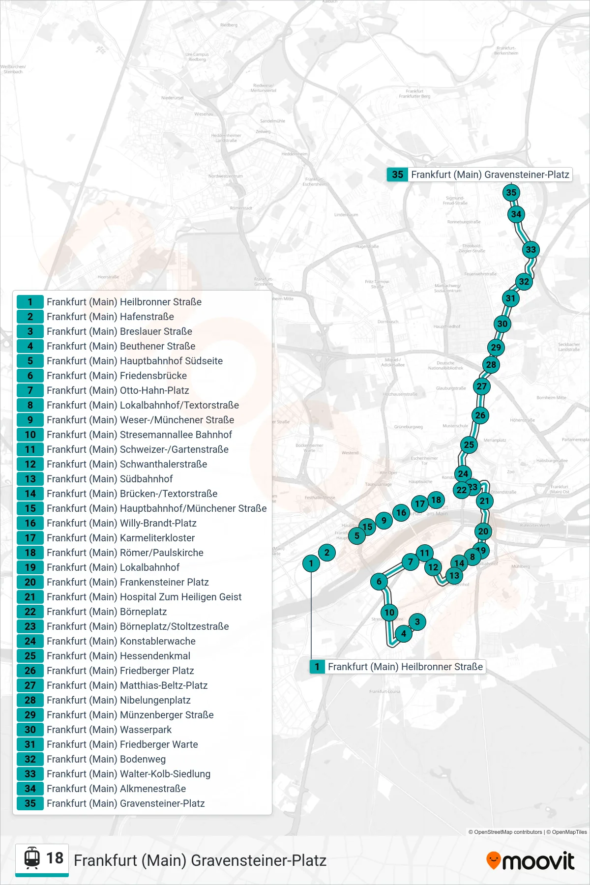 18 light rail Line (Frankfurt (Main) Gravensteiner-Platz) route and stops on a map