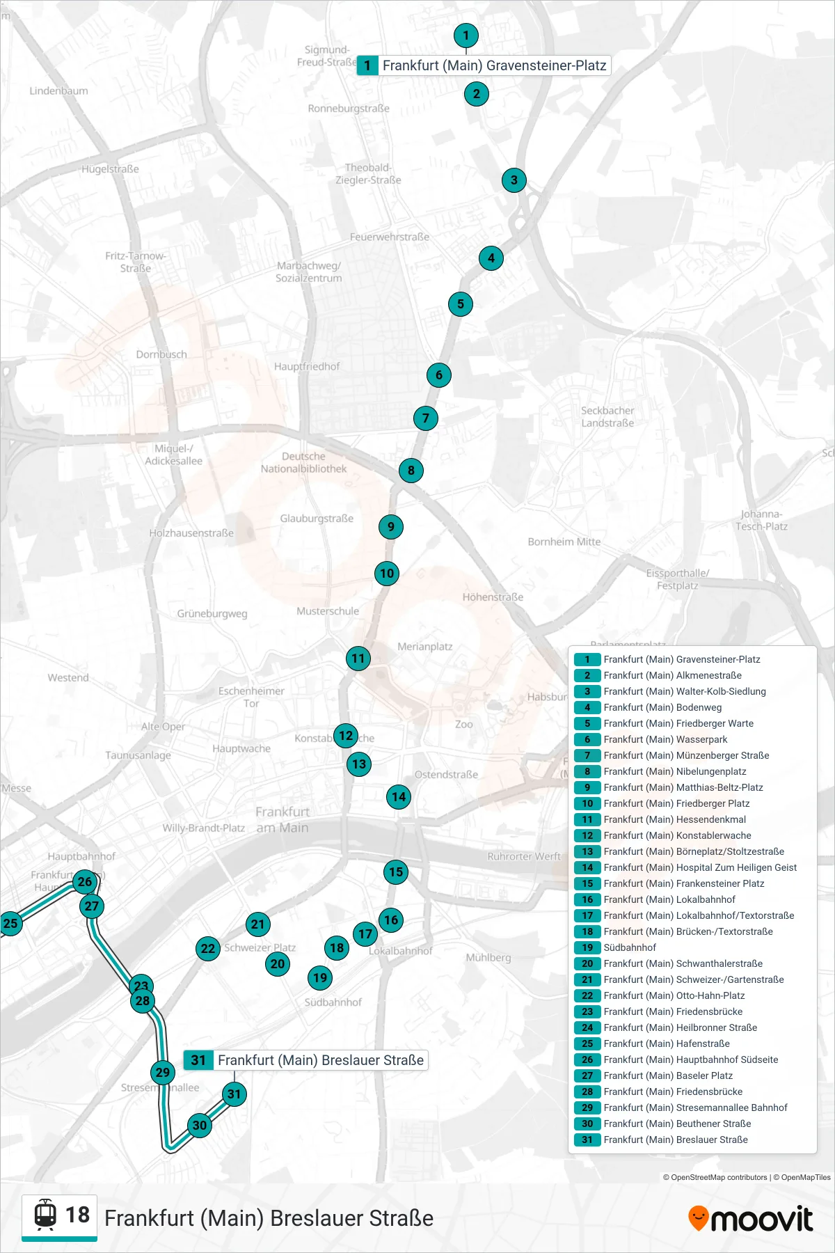 18 light rail Line (Frankfurt (Main) Breslauer Straße) route and stops on a map
