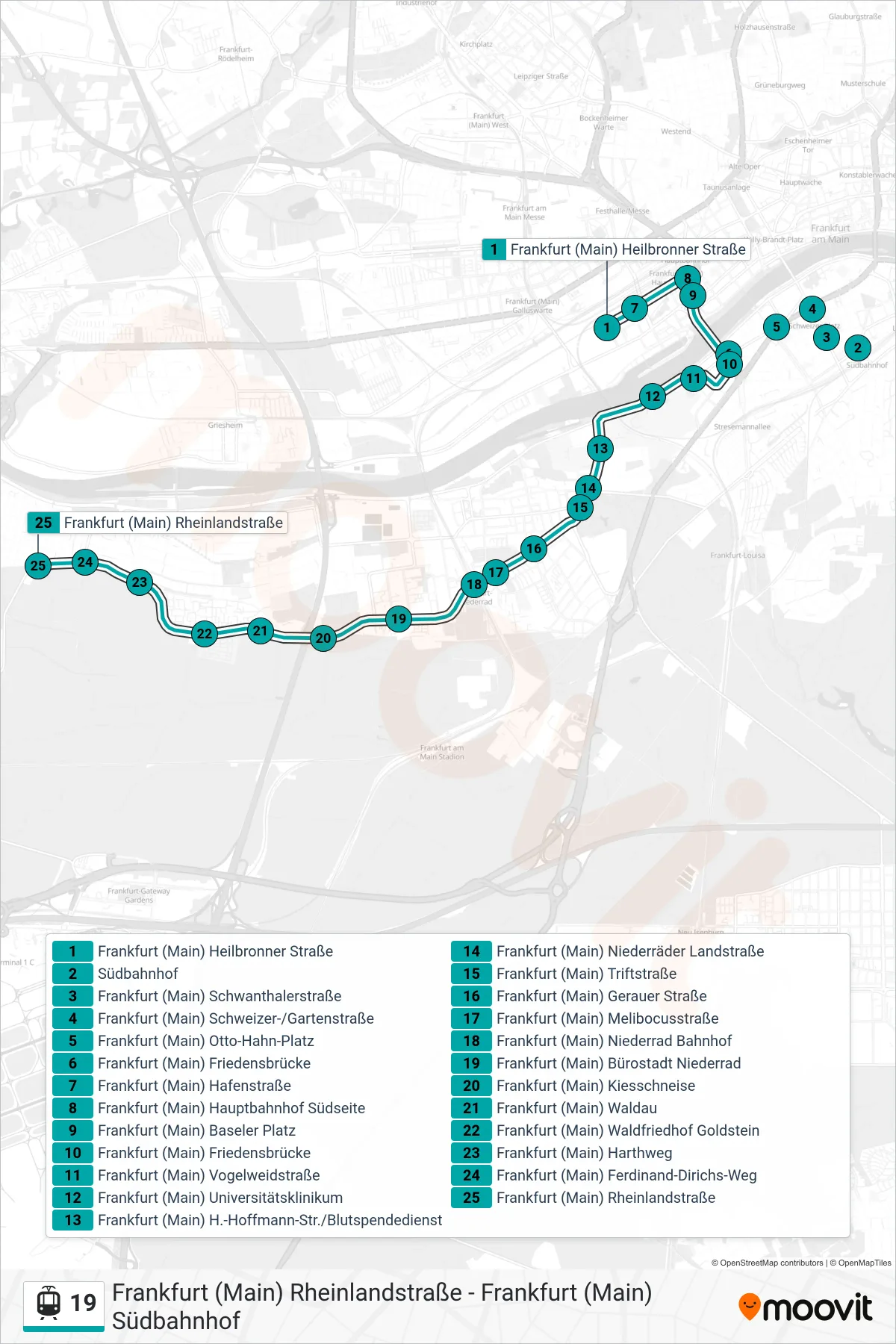 19 light rail Line (Frankfurt (Main) Rheinlandstraße) route and stops on a map