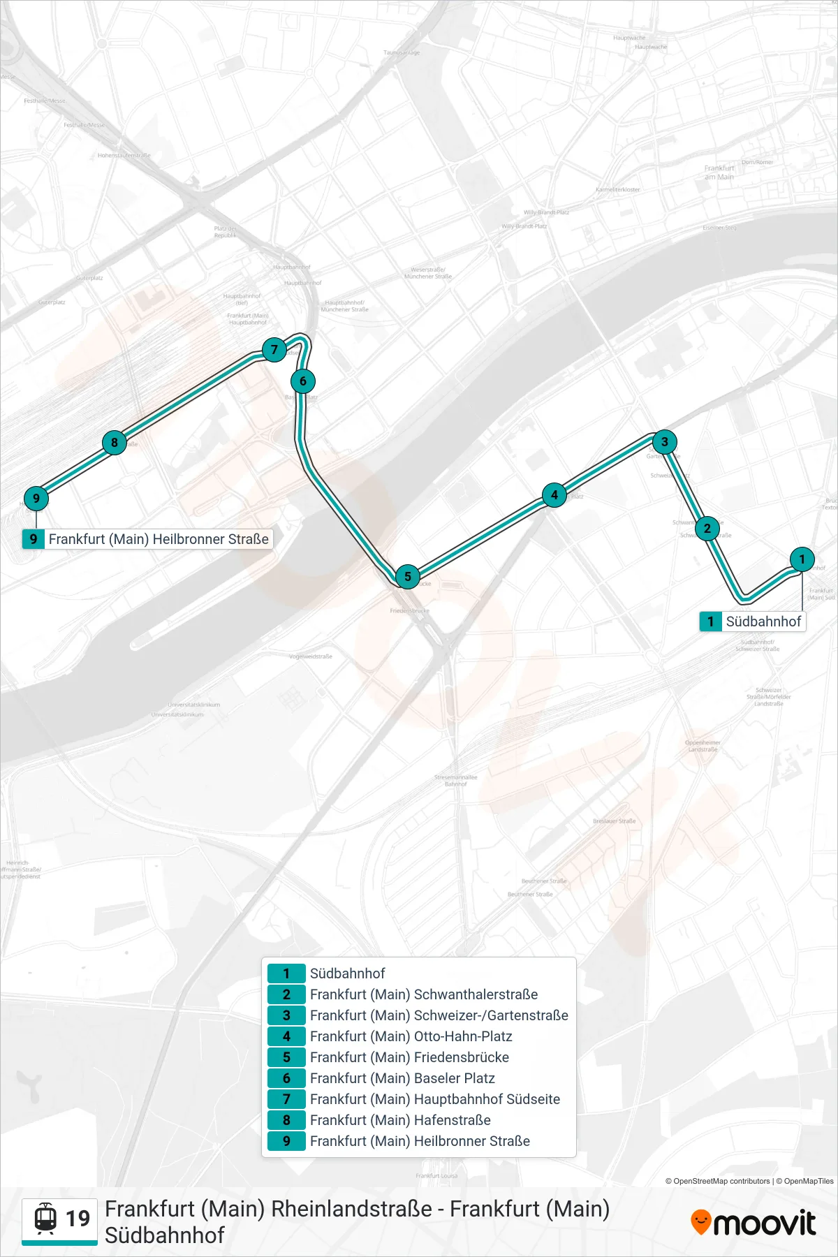 19 light rail Line (Frankfurt (Main) Heilbronner Straße) route and stops on a map