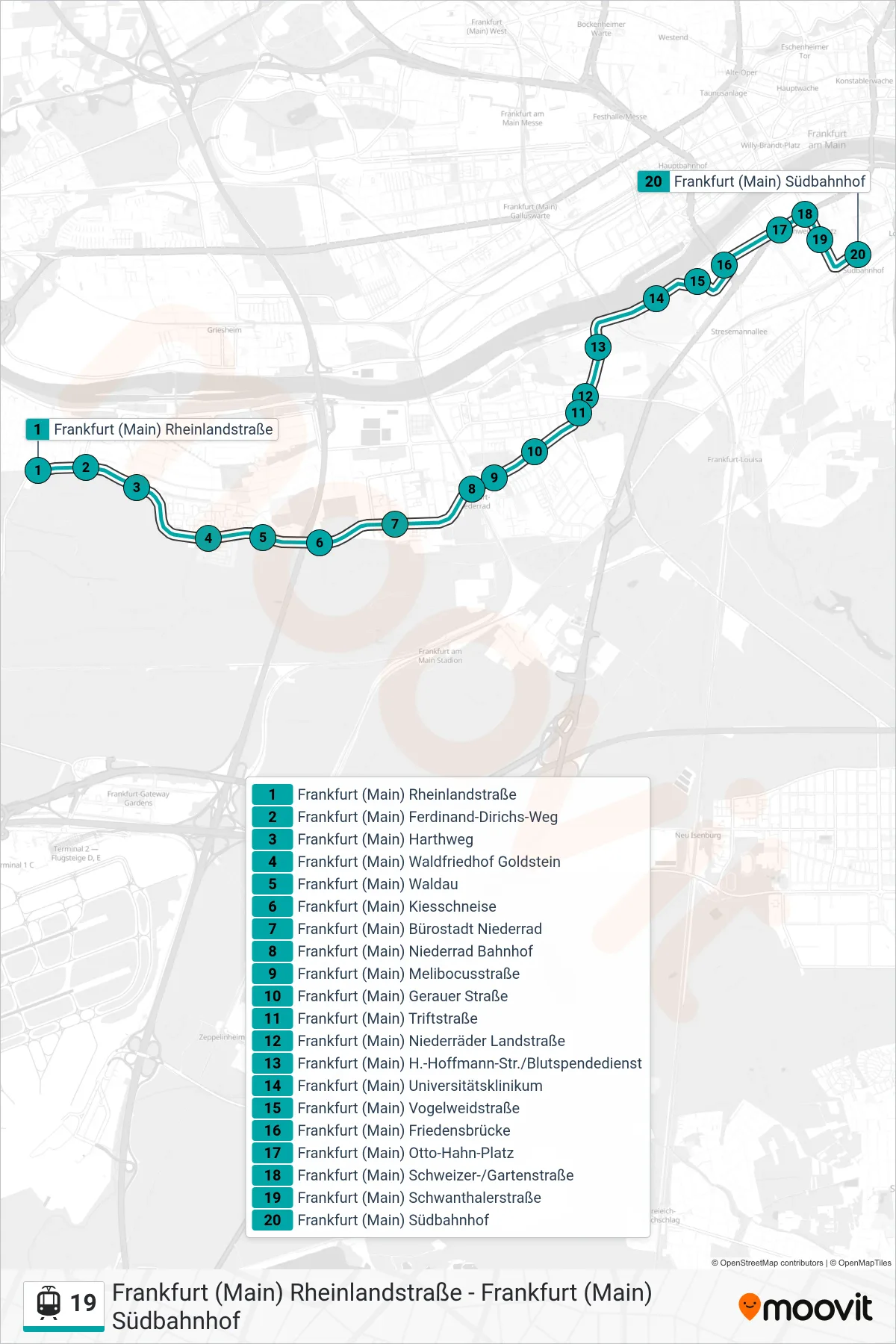 Linie 19 (Straßenbahn) Richtung Frankfurt (Main) Südbahnhof: Route und Haltestellen auf der Karte
