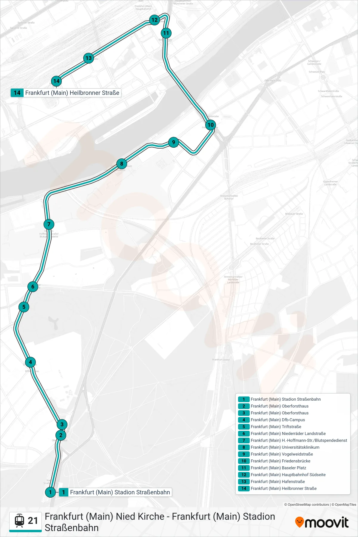 21 tram Line (Frankfurt (Main) Heilbronner Straße) route and stops on a map