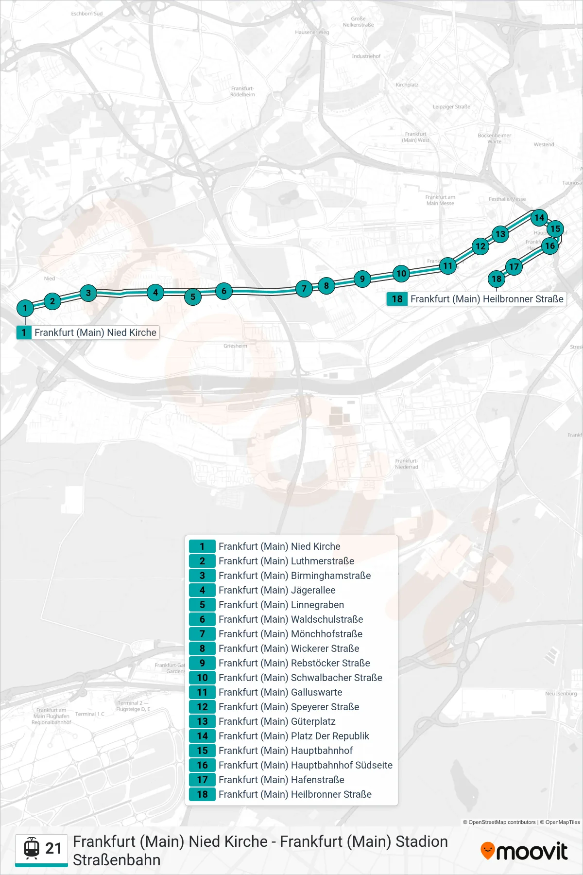 Linie 21 (Straßenbahn) Richtung Frankfurt (Main) Heilbronner Straße: Route und Haltestellen auf der Karte