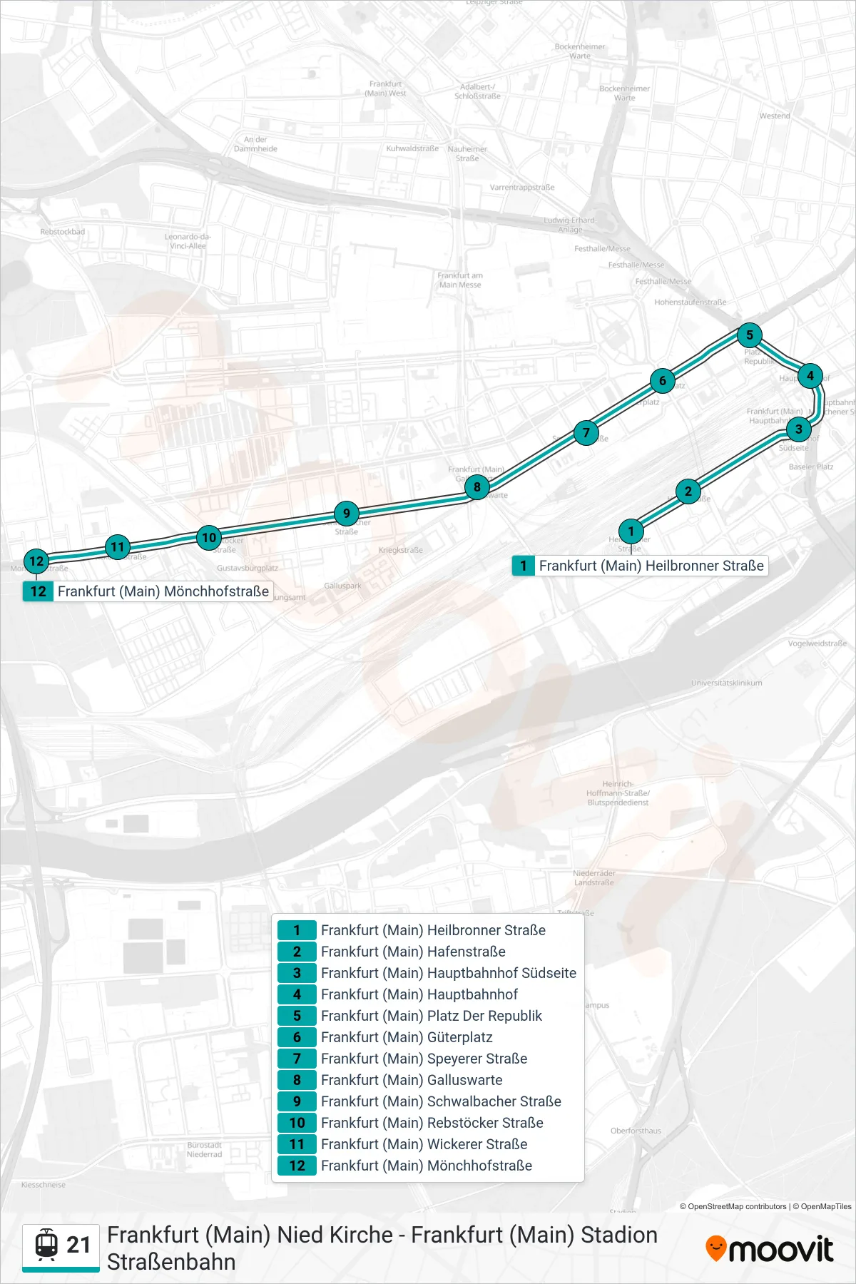 21 light rail Line (Frankfurt (Main) Mönchhofstraße) route and stops on a map