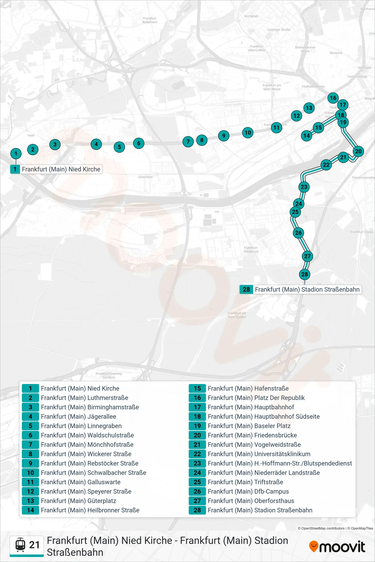 21 light rail Line (Frankfurt (Main) Stadion Straßenbahn) route and stops on a map