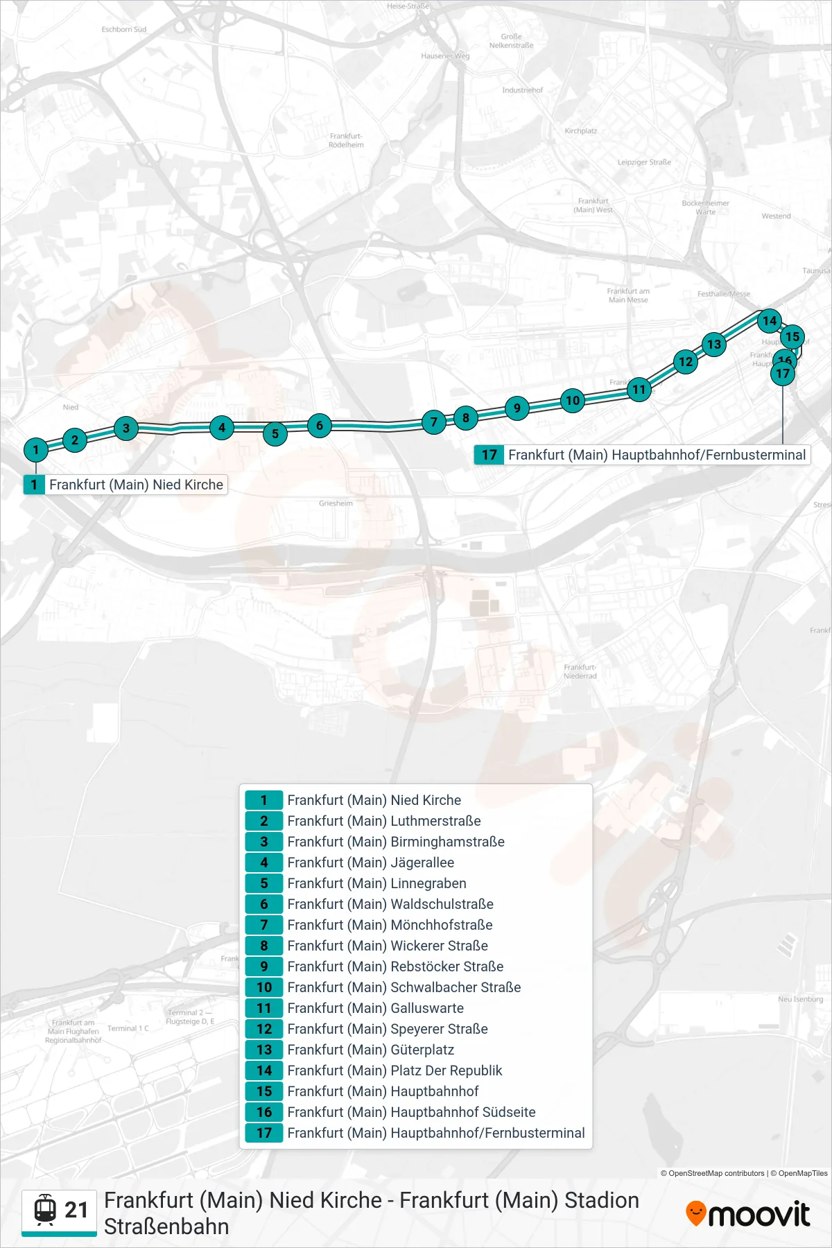 21 light rail Line (Frankfurt (Main) Hauptbahnhof/Fernbusterminal) route and stops on a map