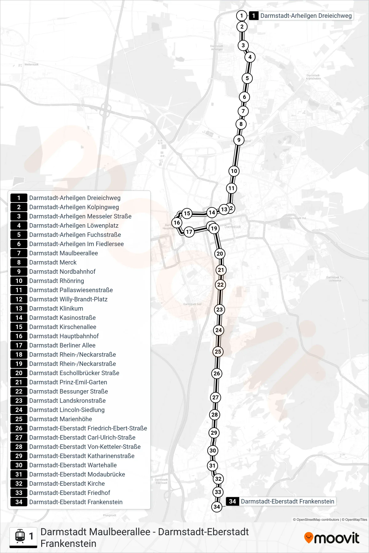 1 light rail Line (Darmstadt-Eberstadt Frankenstein) route and stops on a map