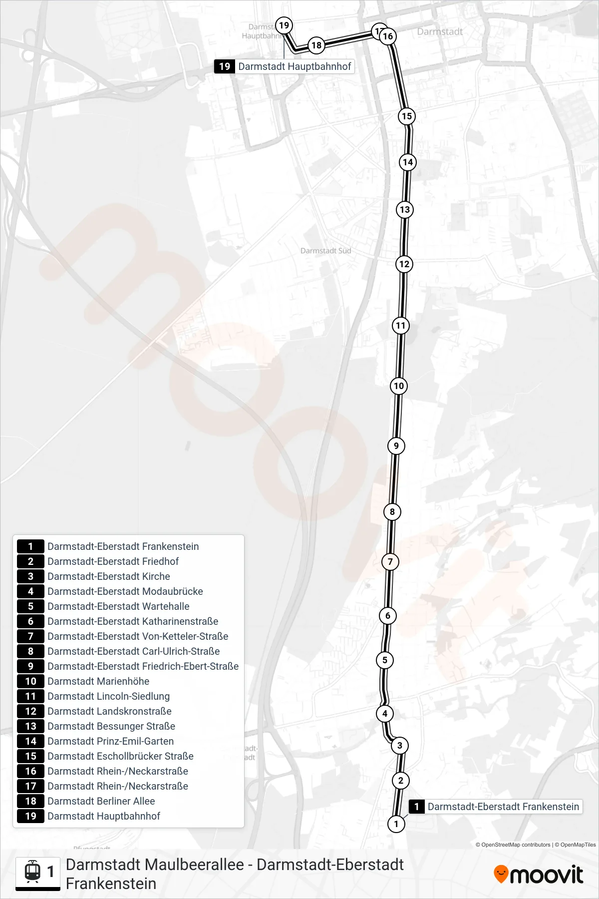 1 light rail Line (Darmstadt Hauptbahnhof) route and stops on a map