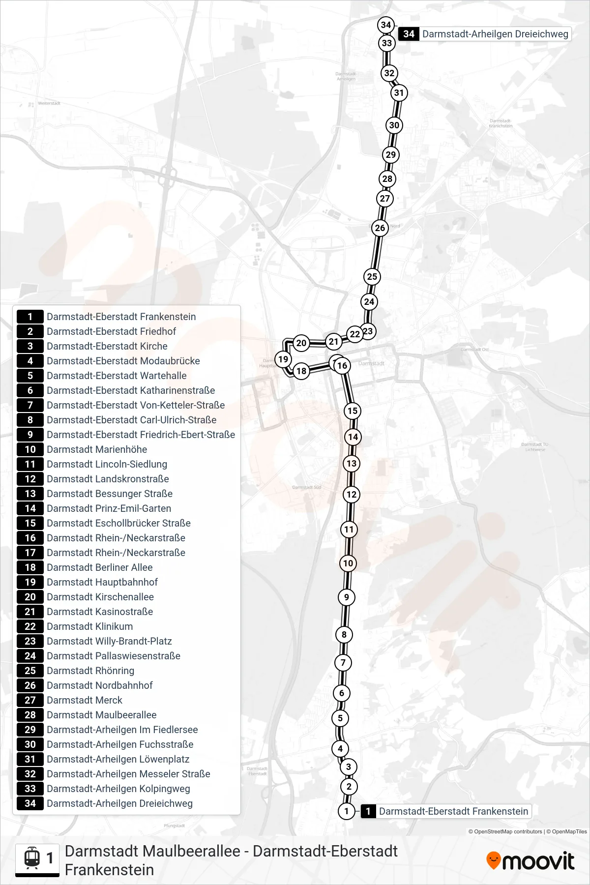 Linie 1 (Tram) Richtung Darmstadt-Arheilgen Dreieichweg: Route und Haltestellen auf der Karte