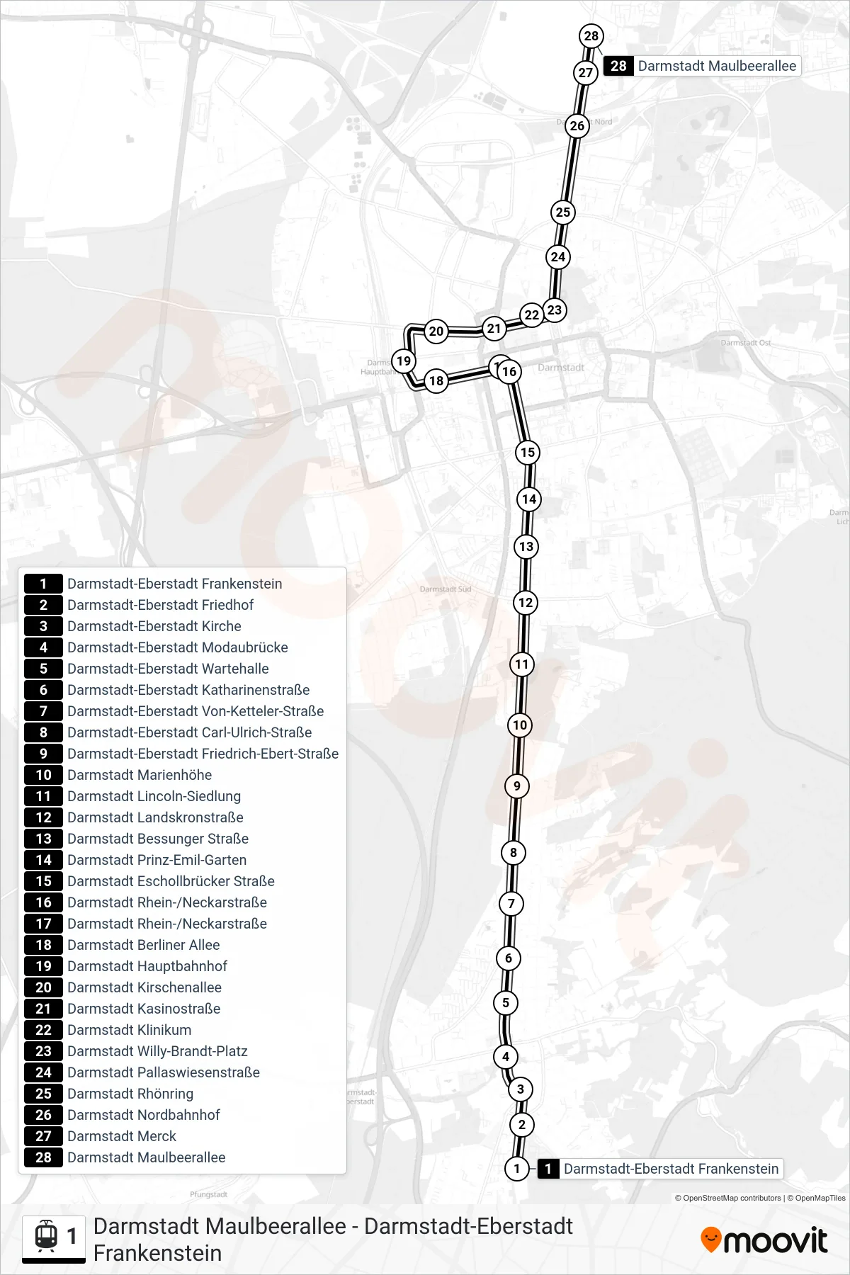 1 tram Line (Darmstadt Maulbeerallee) route and stops on a map
