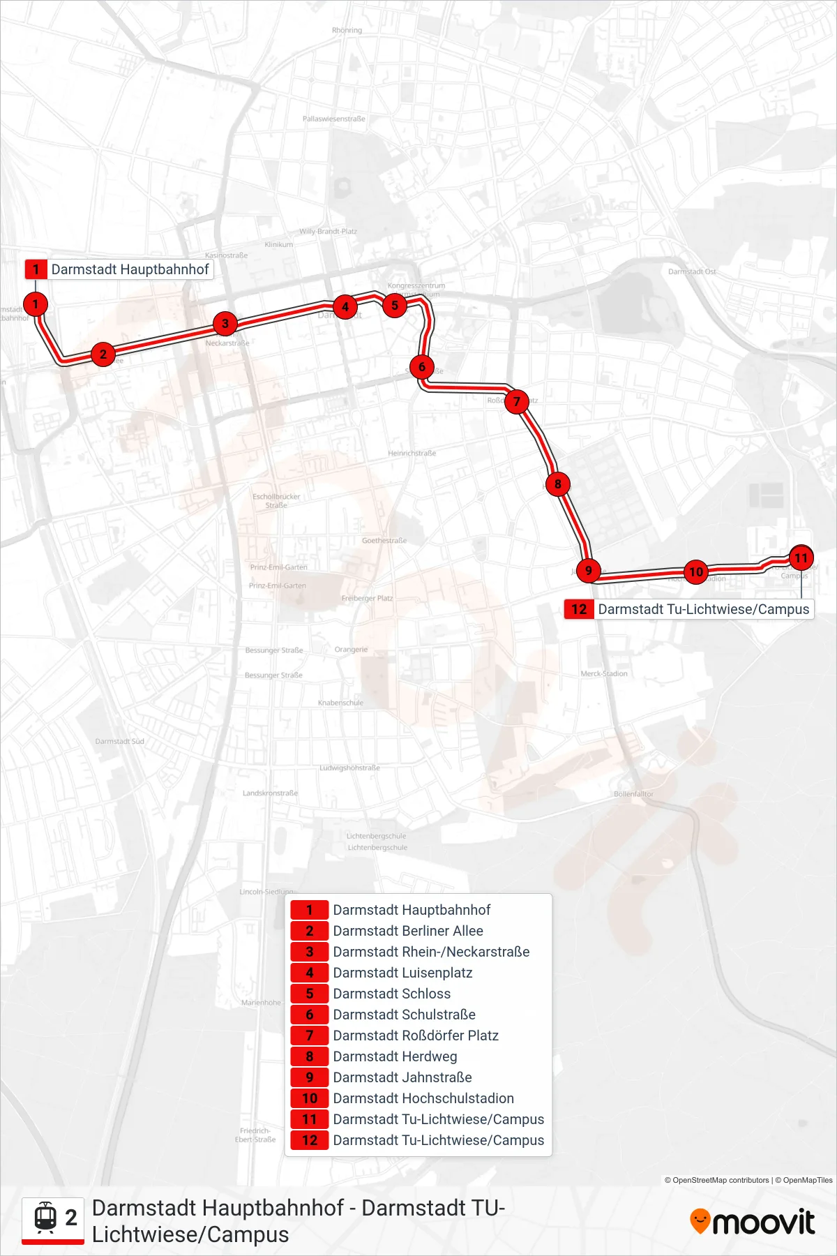 2 light rail Line (Darmstadt Tu-Lichtwiese/Campus) route and stops on a map