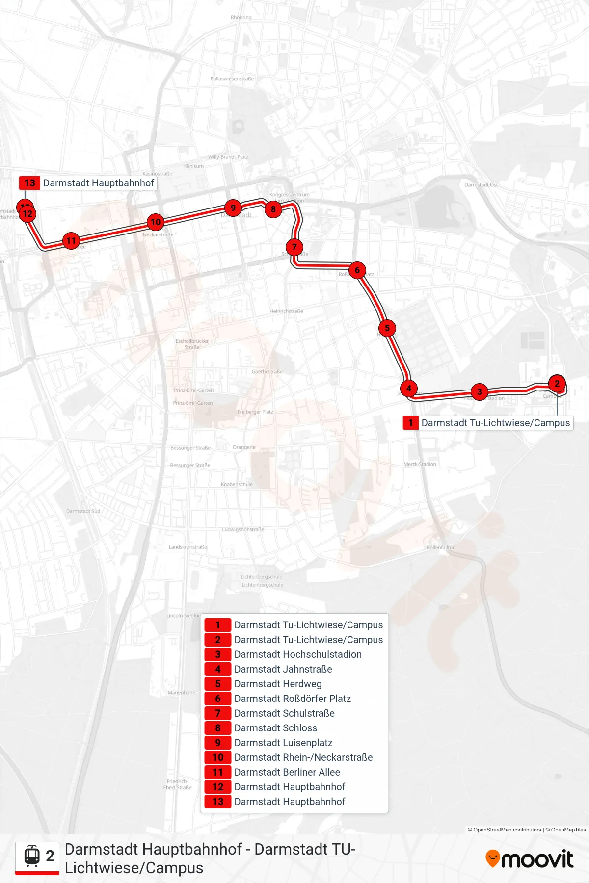 2 light rail Line (Darmstadt Hauptbahnhof) route and stops on a map