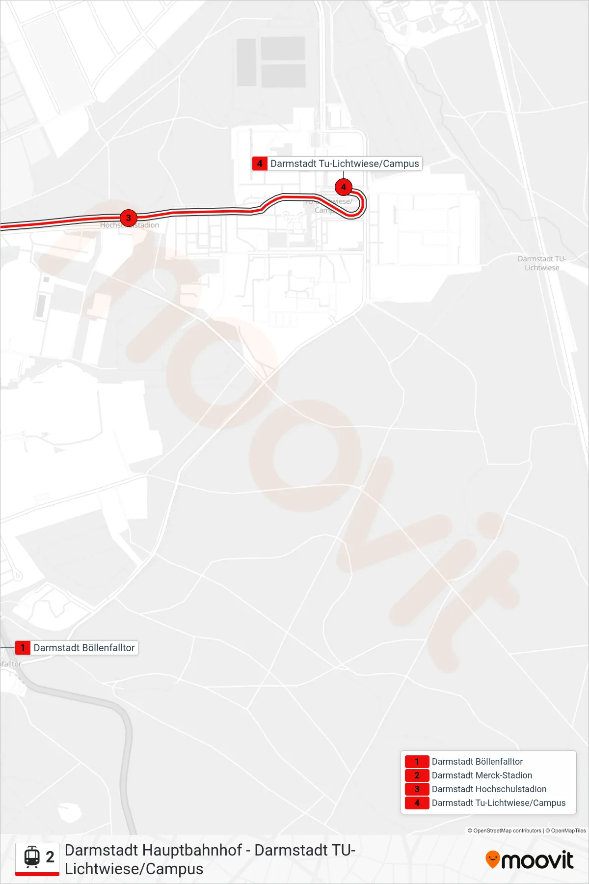 Linie 2 (Straßenbahn) Richtung Darmstadt Tu-Lichtwiese/Campus: Route und Haltestellen auf der Karte