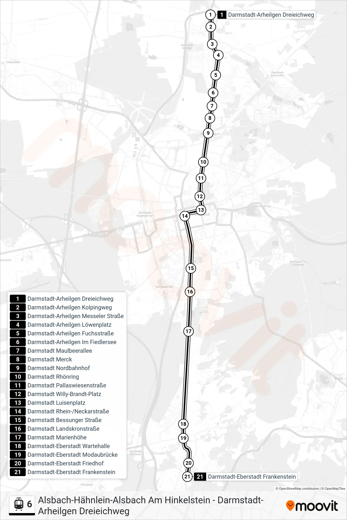 Linie 6 (Straßenbahn) Richtung Darmstadt-Eberstadt Frankenstein: Route und Haltestellen auf der Karte