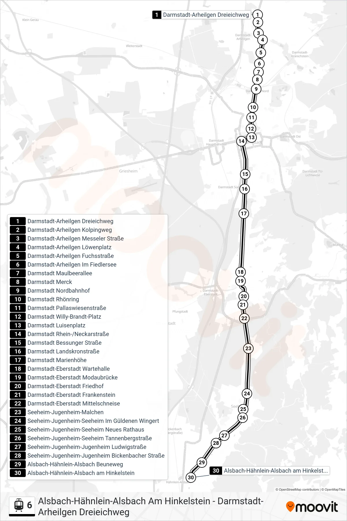 6 light rail Line (Alsbach-Hähnlein-Alsbach am Hinkelstein) route and stops on a map