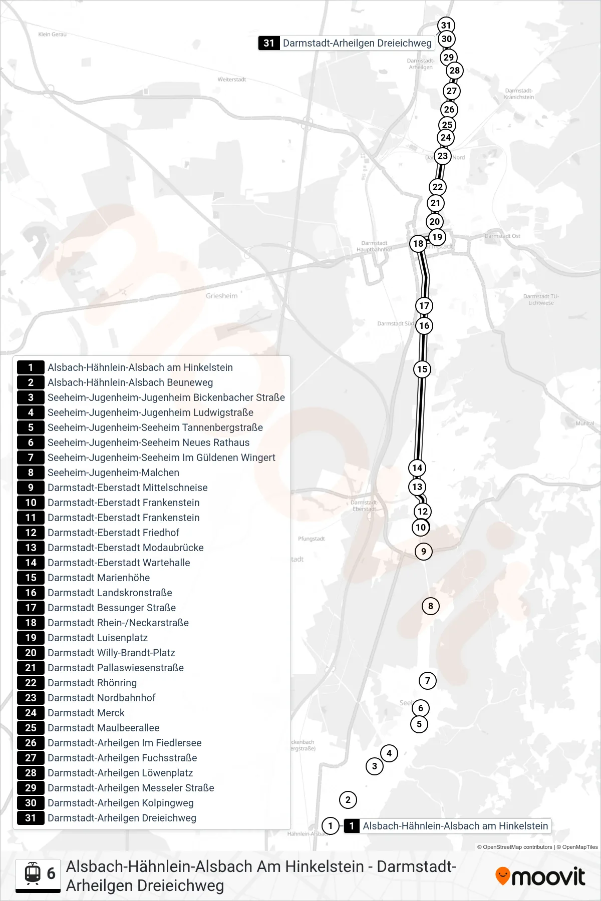 6 light rail Line (Darmstadt-Arheilgen Dreieichweg) route and stops on a map