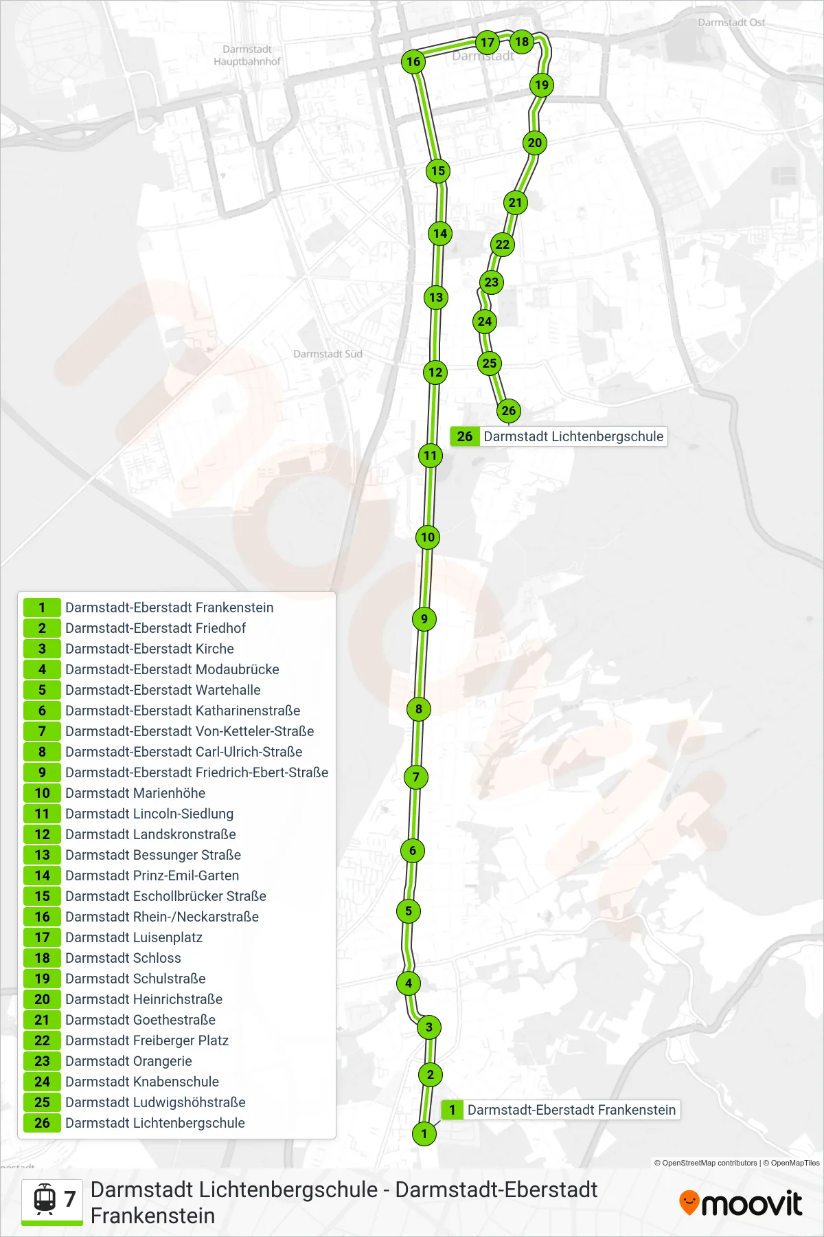 Linie 7 (Straßenbahn) Richtung Darmstadt Lichtenbergschule: Route und Haltestellen auf der Karte