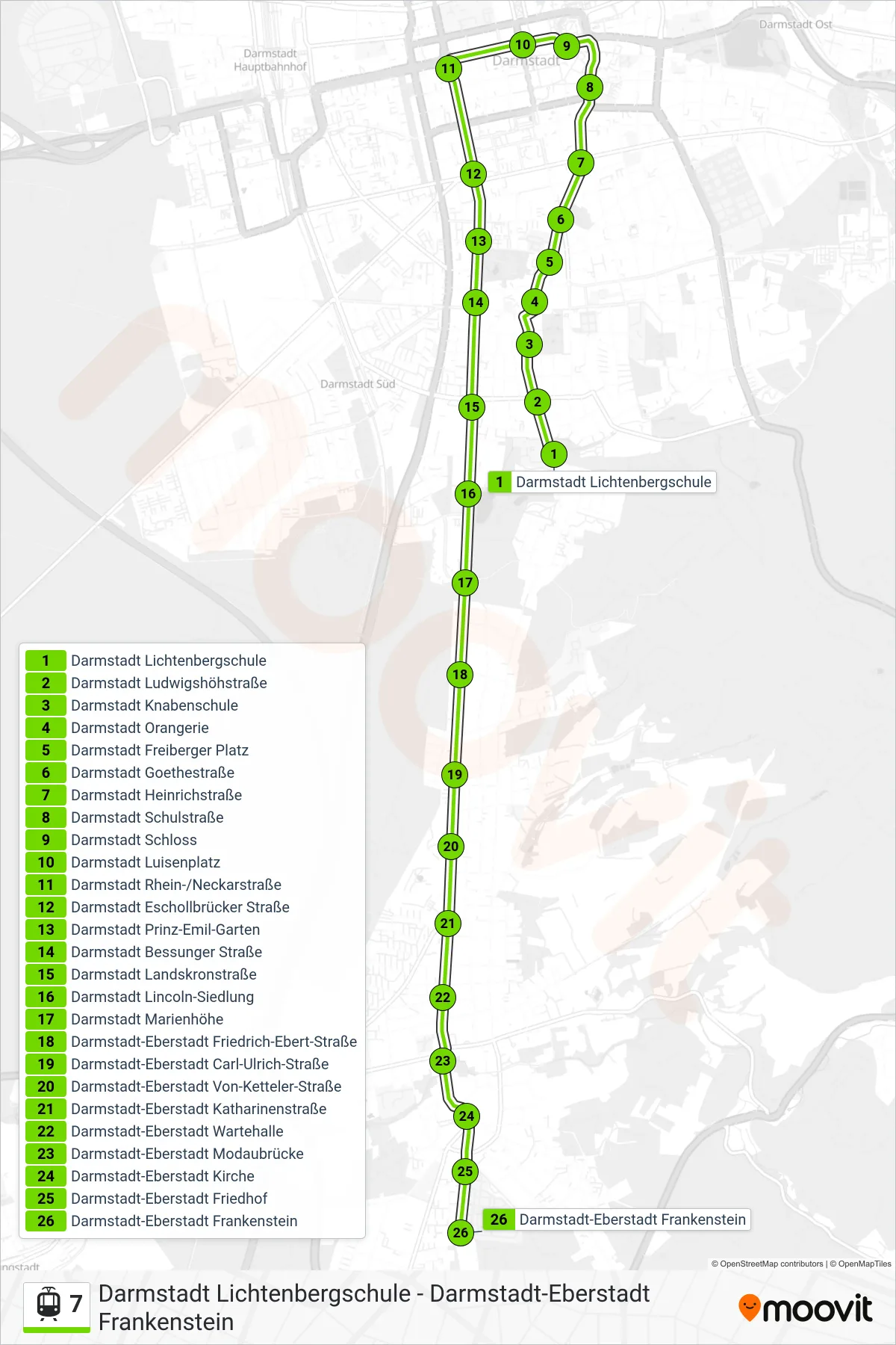 7 light rail Line (Darmstadt-Eberstadt Frankenstein) route and stops on a map
