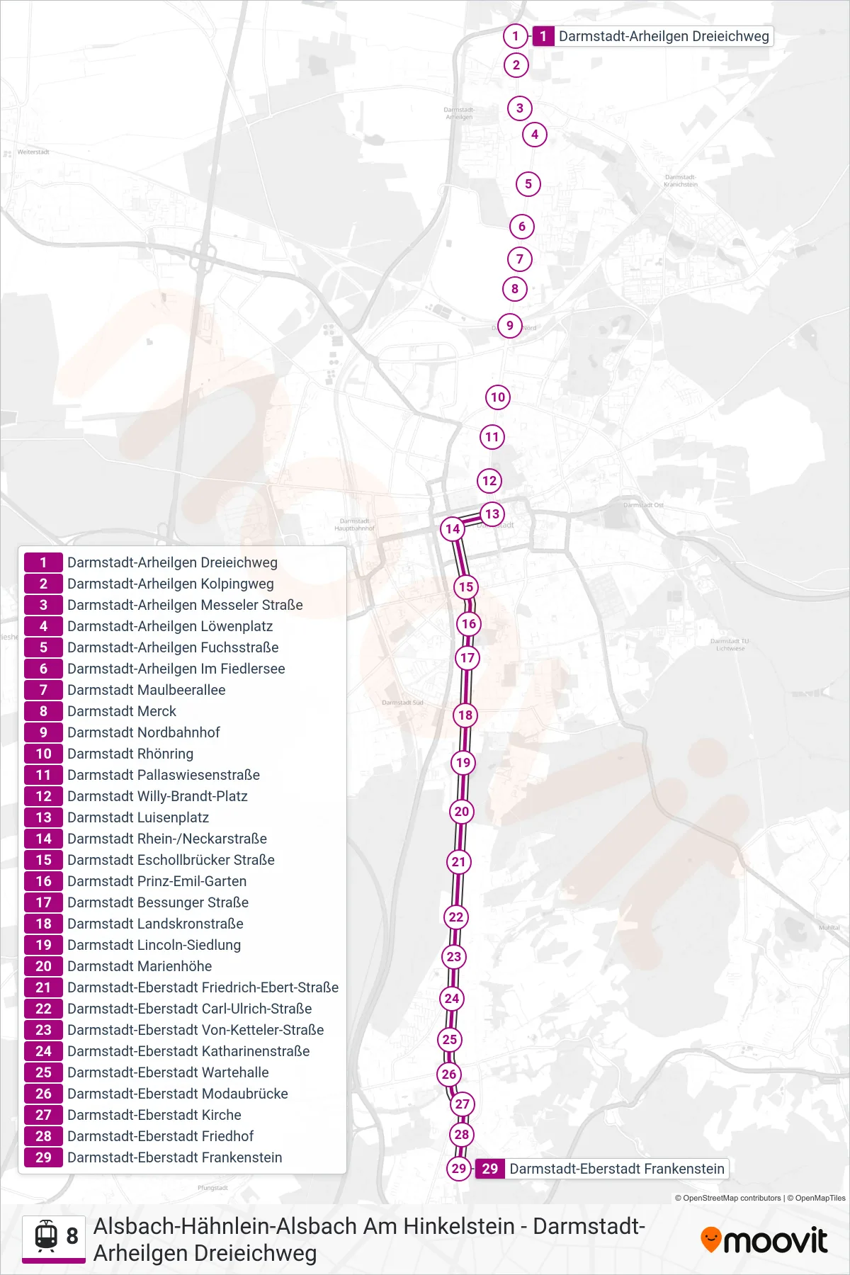 8 light rail Line (Darmstadt-Eberstadt Frankenstein) route and stops on a map