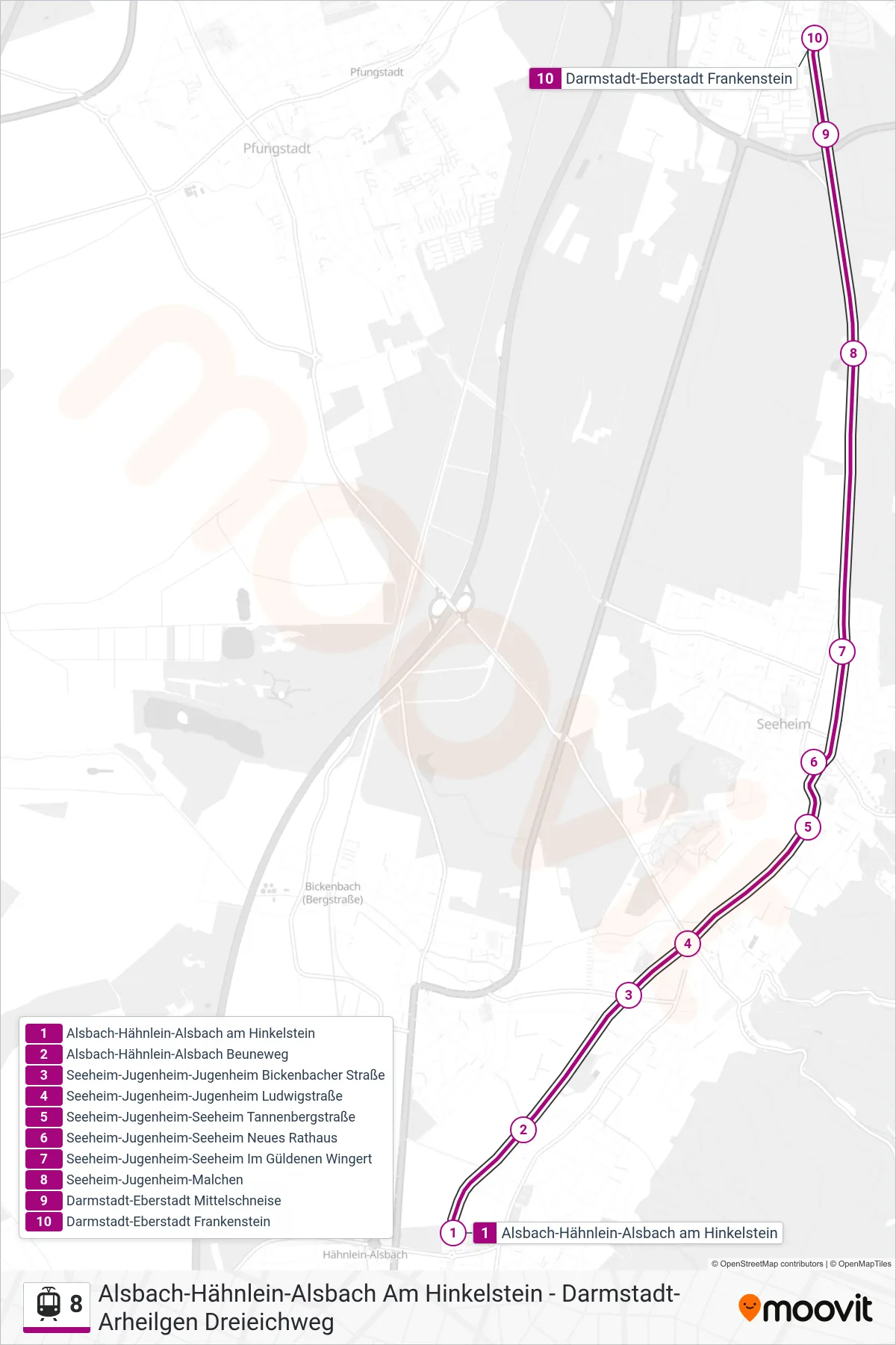8 tram Line (Darmstadt-Eberstadt Frankenstein) route and stops on a map