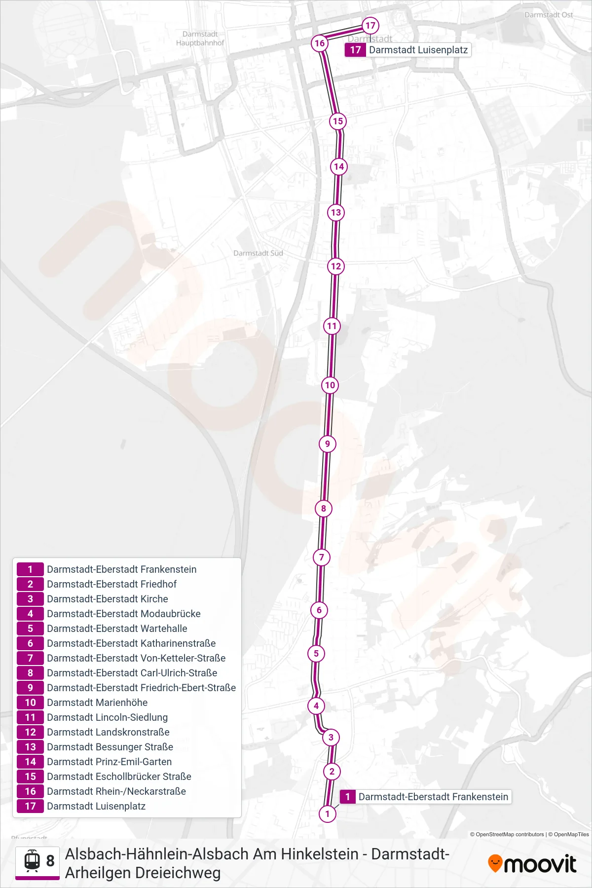 8 tram Line (Darmstadt Luisenplatz) route and stops on a map