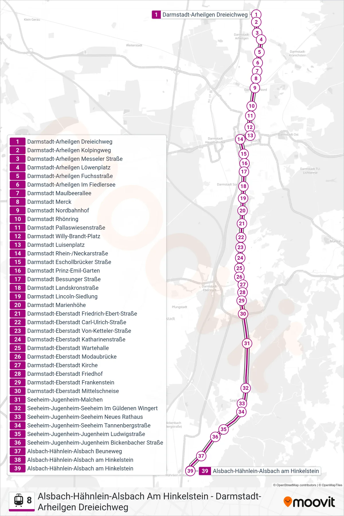 8 tram Line (Alsbach-Hähnlein-Alsbach am Hinkelstein) route and stops on a map