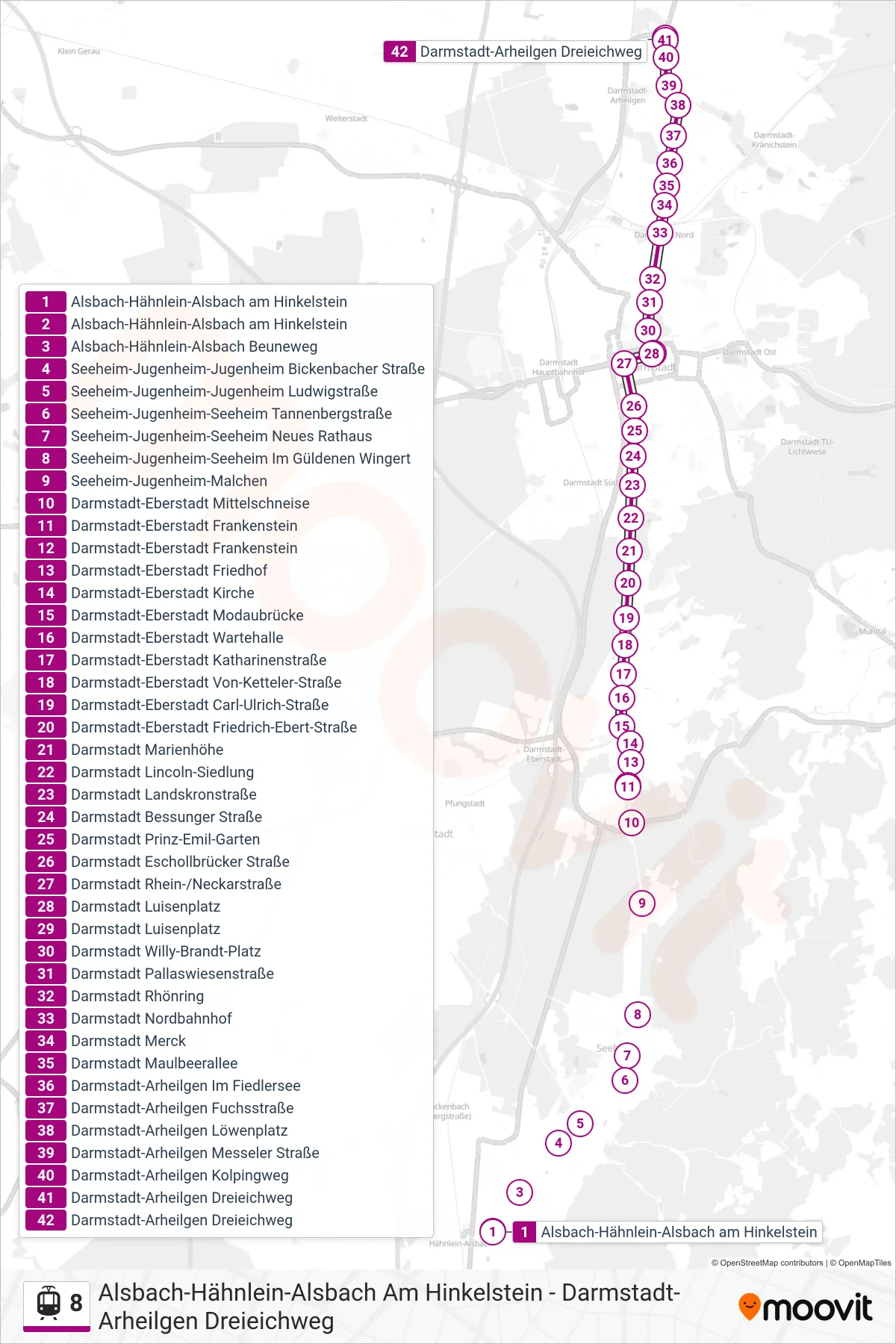 8 light rail Line (Darmstadt-Arheilgen Dreieichweg) route and stops on a map