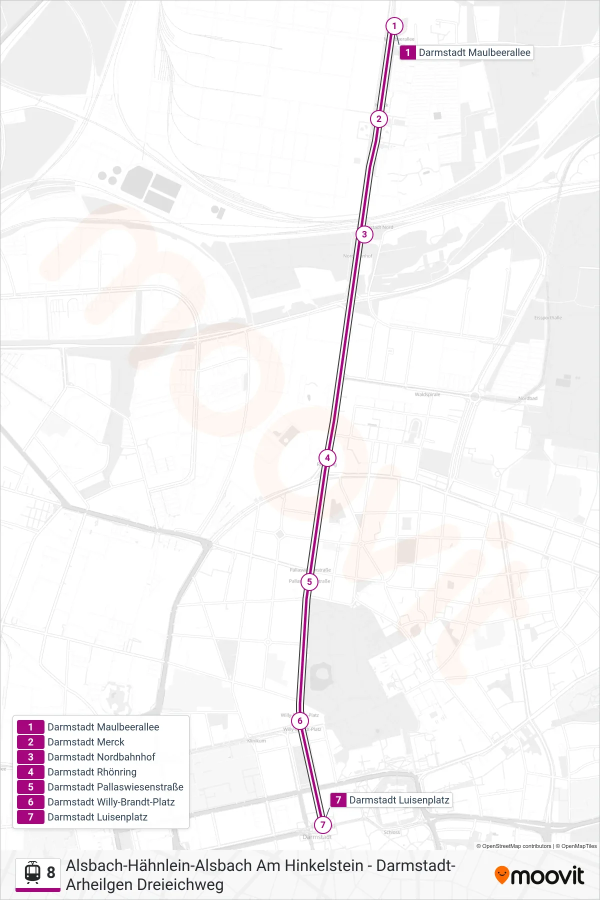 Linie 8 (Straßenbahn) Richtung Darmstadt Luisenplatz: Route und Haltestellen auf der Karte