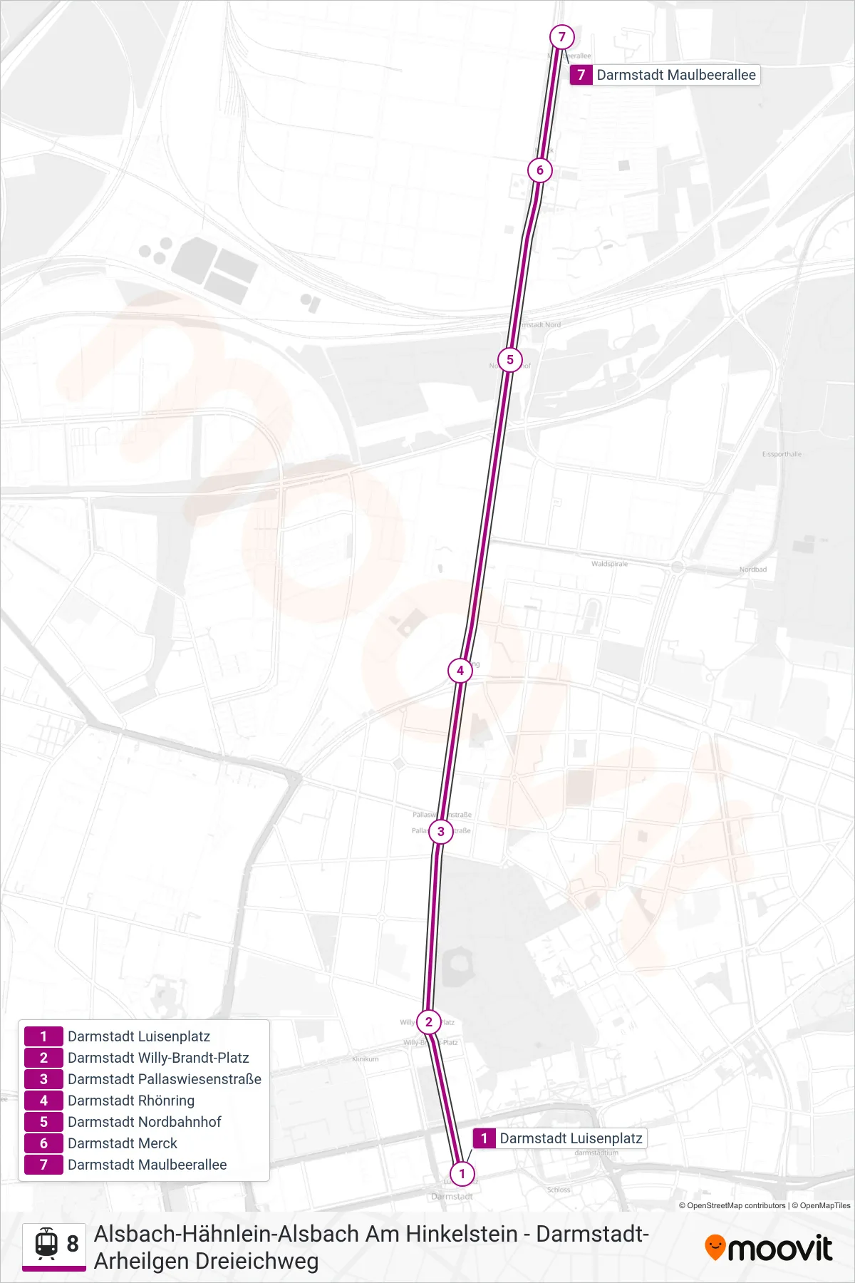 8 light rail Line (Darmstadt Maulbeerallee) route and stops on a map