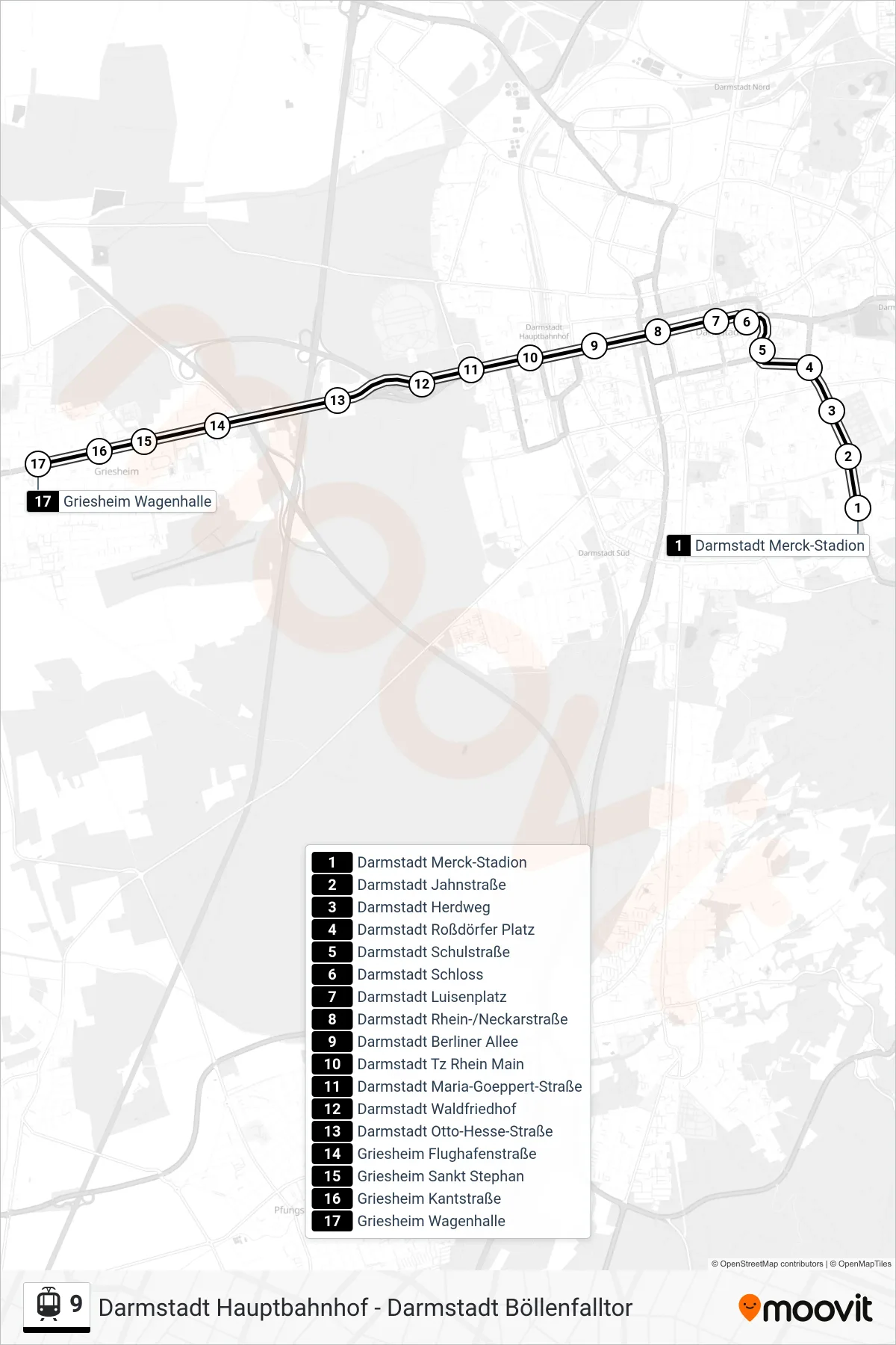 Linie 9 (Straßenbahn) Richtung Griesheim Wagenhalle: Route und Haltestellen auf der Karte