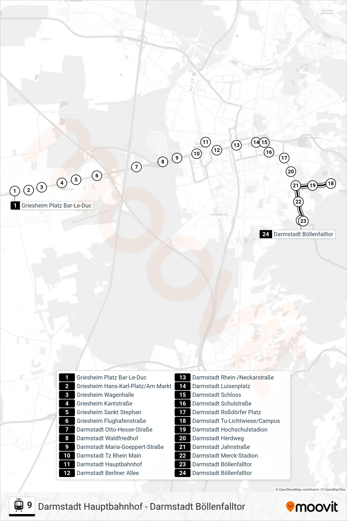 9 light rail Line (Darmstadt Böllenfalltor) route and stops on a map