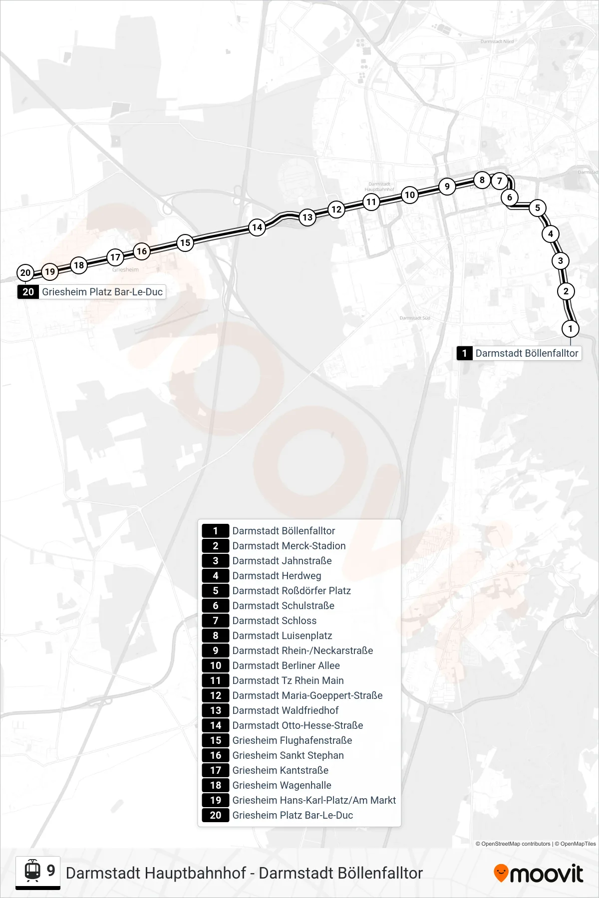 Linie 9 (Straßenbahn) Richtung Griesheim Platz Bar-Le-Duc: Route und Haltestellen auf der Karte