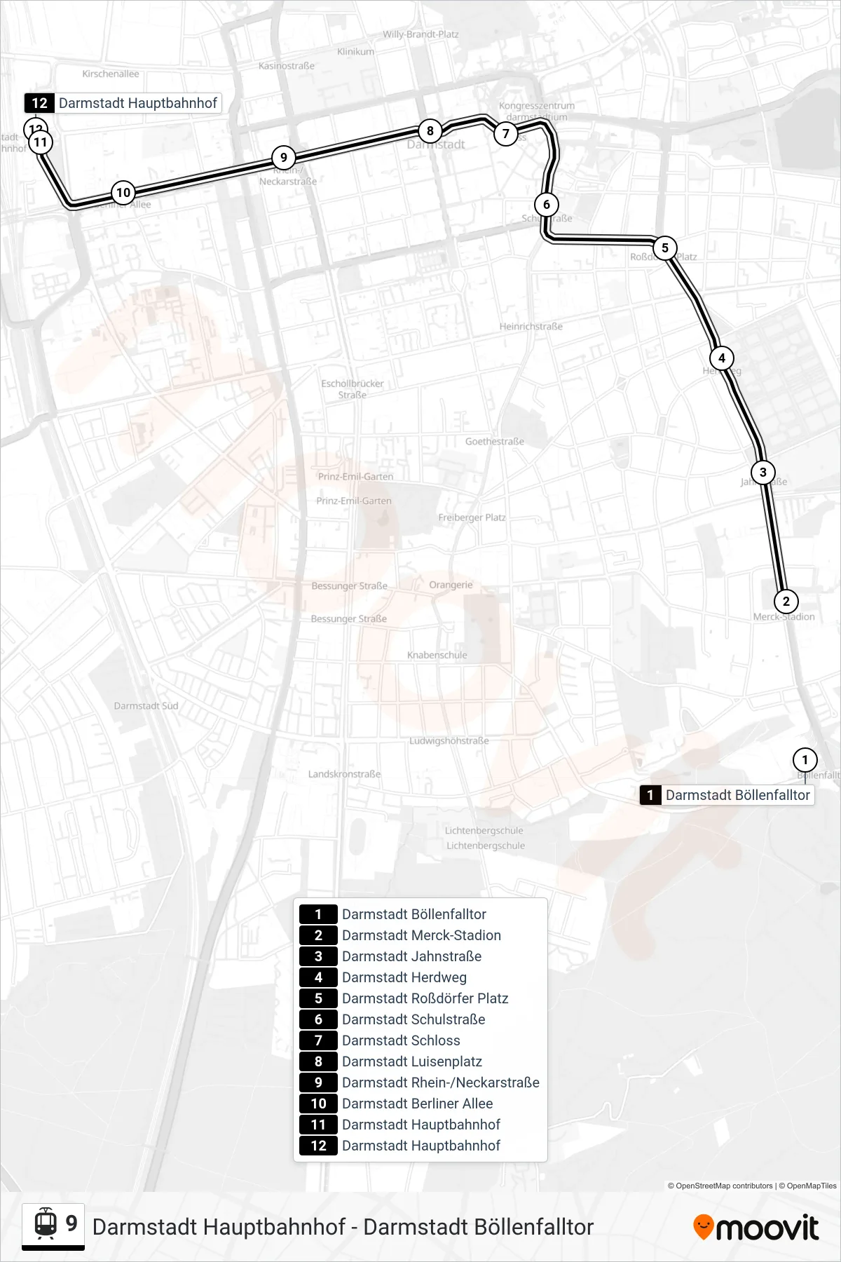 9 tram Line (Darmstadt Hauptbahnhof) route and stops on a map