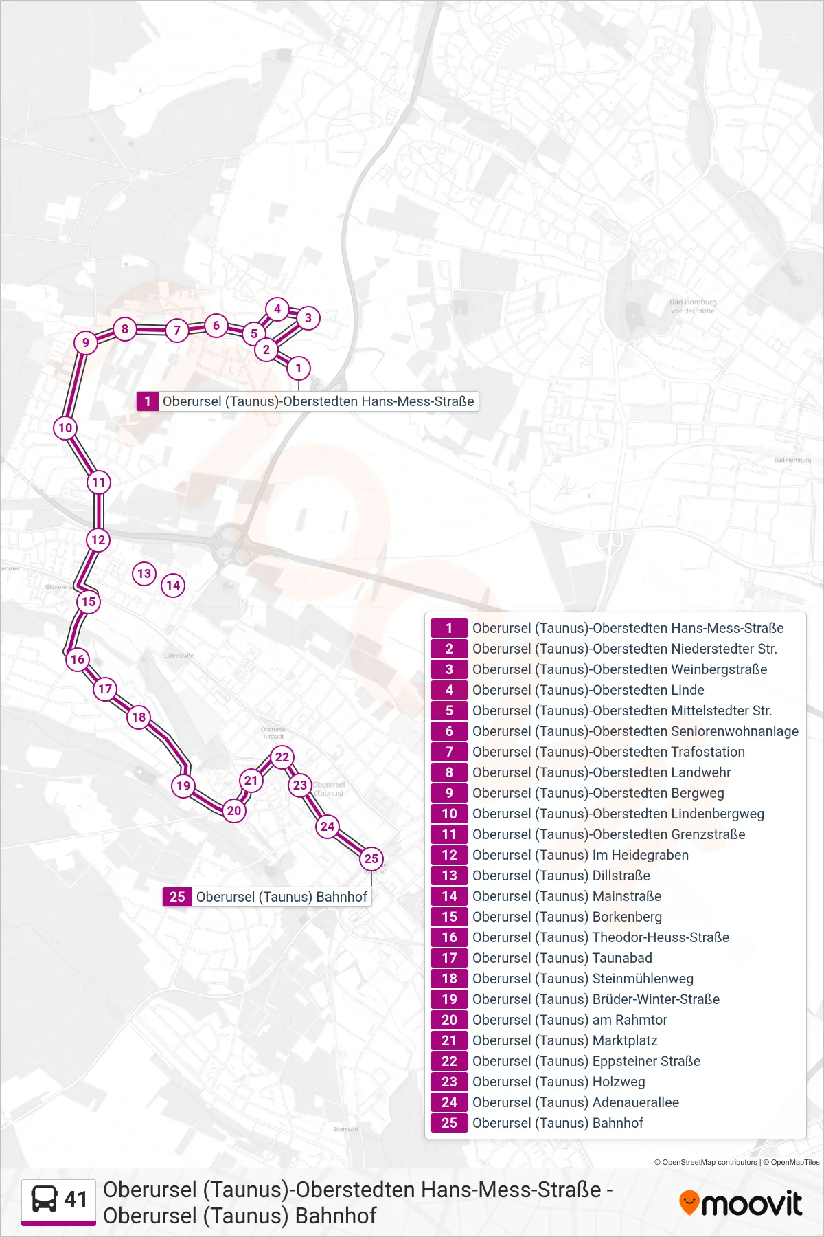 41 bus Line (Oberursel (Taunus) Bahnhof) route and stops on a map