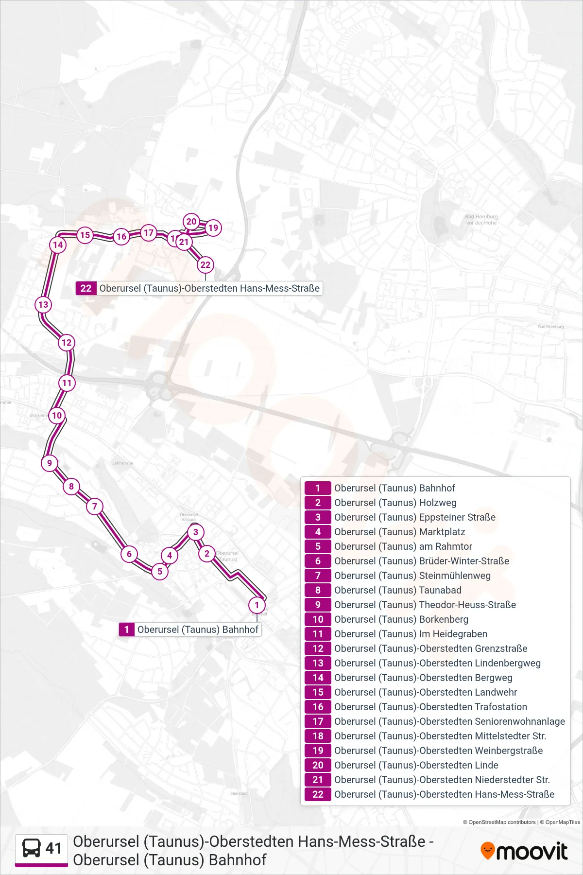 Linie 41 (Bus) Richtung Oberursel (Taunus)-Oberstedten Hans-Mess-Straße: Route und Haltestellen auf der Karte