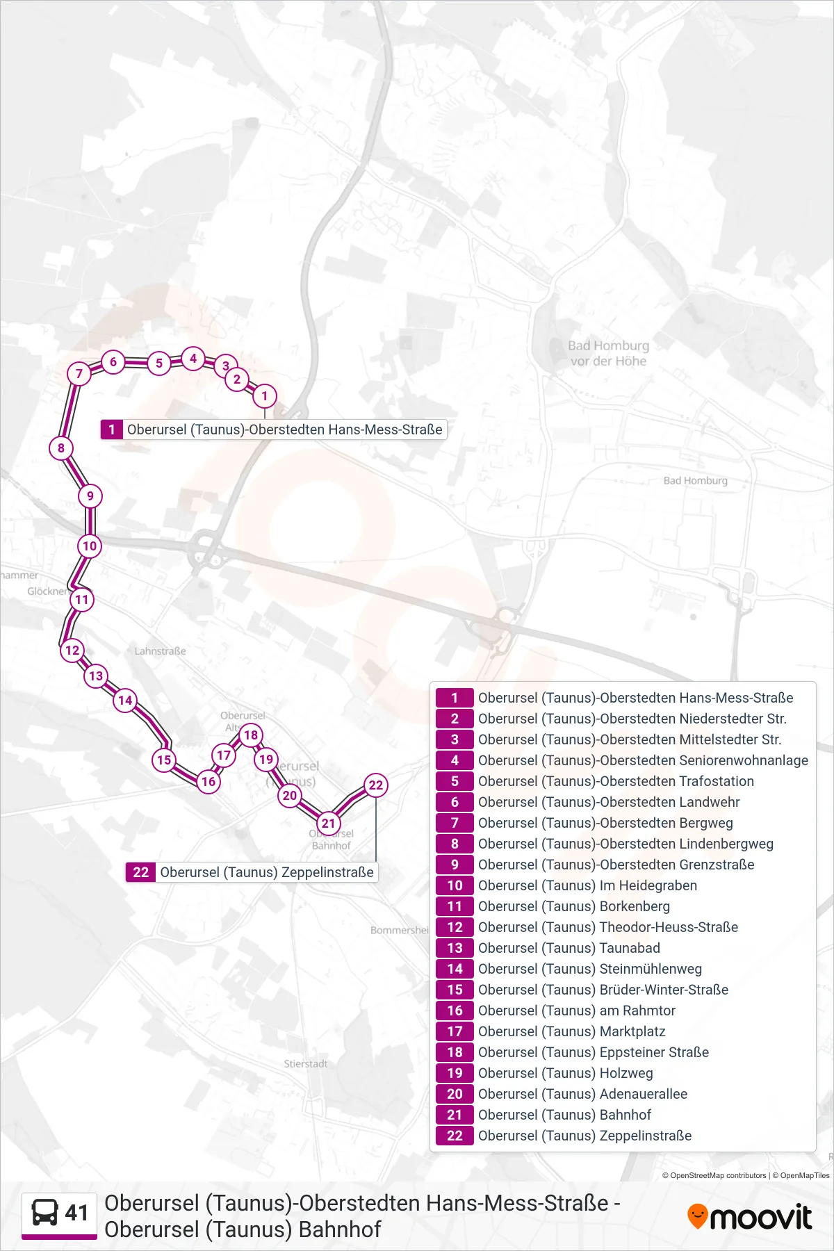 41 bus Line (Oberursel (Taunus) Zeppelinstraße) route and stops on a map