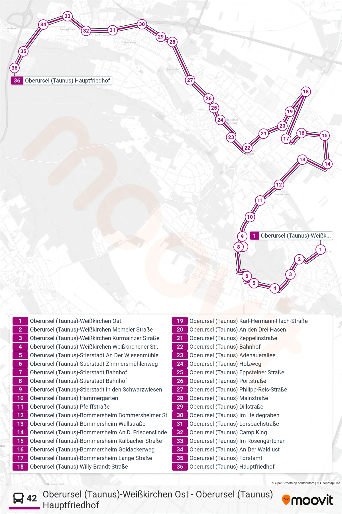 Linie 42 (Bus) Richtung Oberursel (Taunus) Hauptfriedhof: Route und Haltestellen auf der Karte