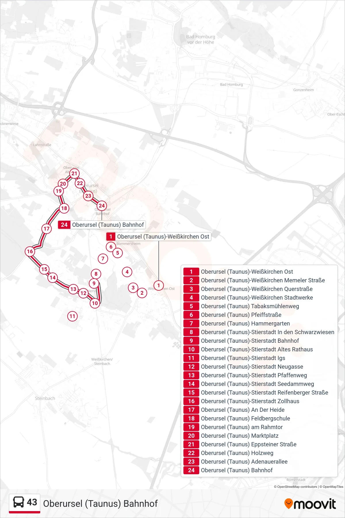 43 bus Line (Oberursel (Taunus) Bahnhof) route and stops on a map