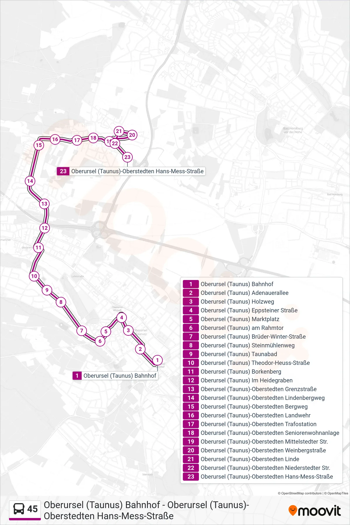 45 bus Line (Oberursel (Taunus)-Oberstedten Hans-Mess-Straße) route and stops on a map