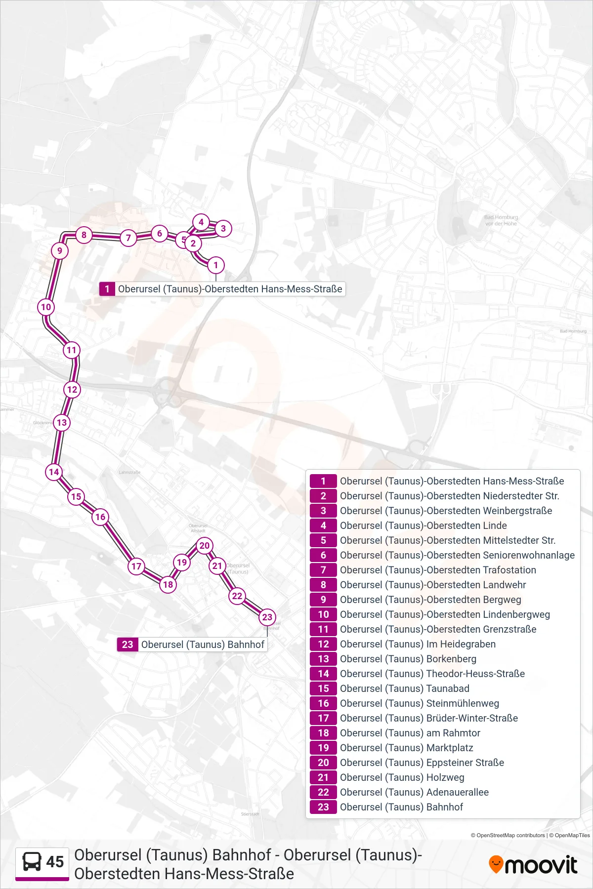 Linie 45 (Bus) Richtung Oberursel (Taunus) Bahnhof: Route und Haltestellen auf der Karte