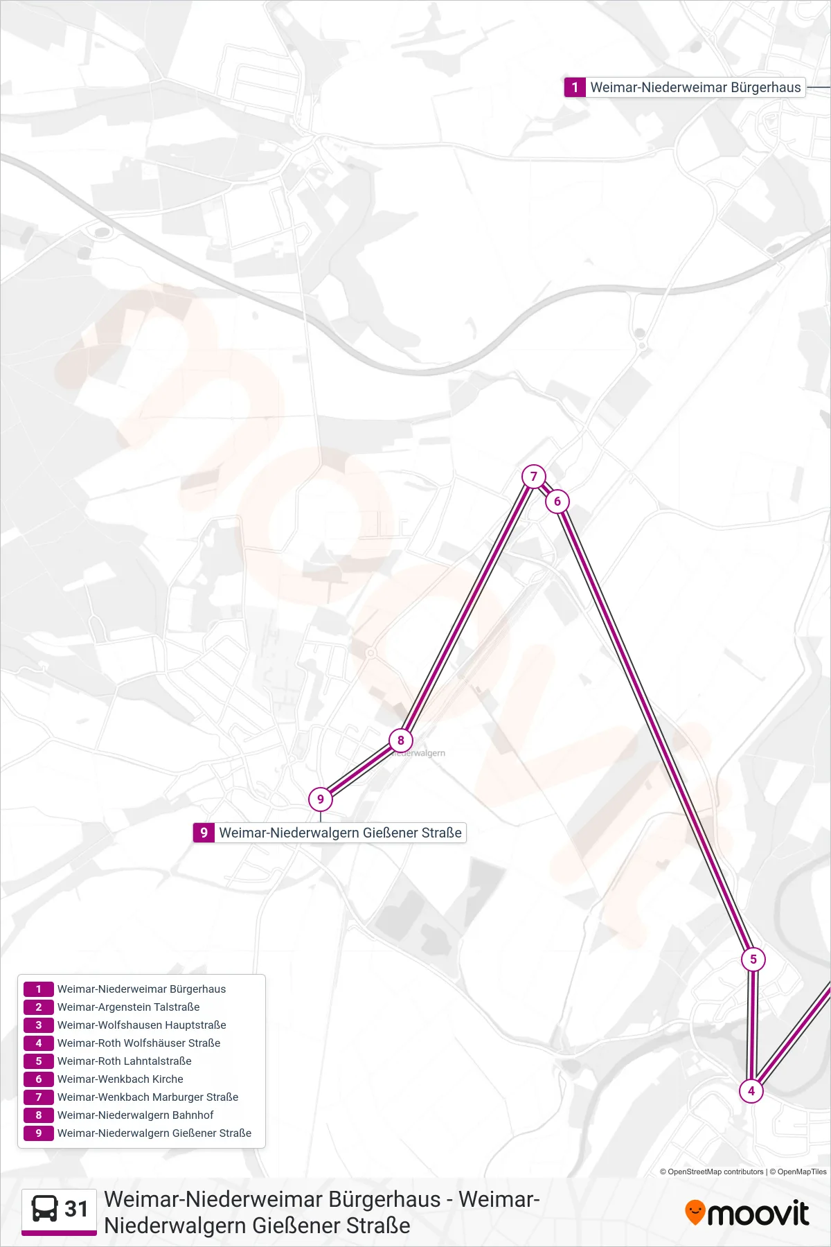 Linie 31 (Bus) Richtung Weimar-Niederwalgern Gießener Straße: Route und Haltestellen auf der Karte