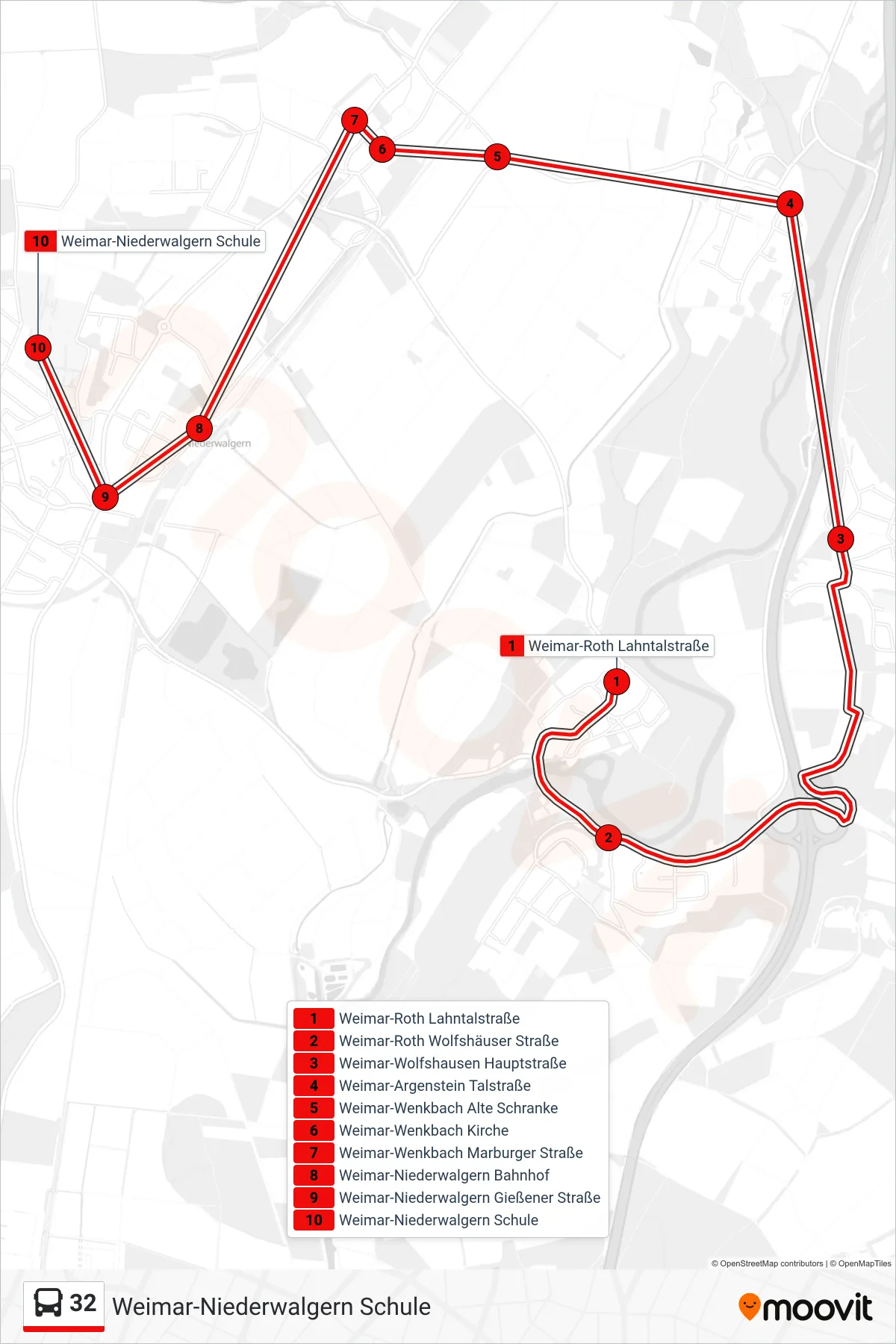 32 bus Line (Weimar-Niederwalgern Schule) route and stops on a map