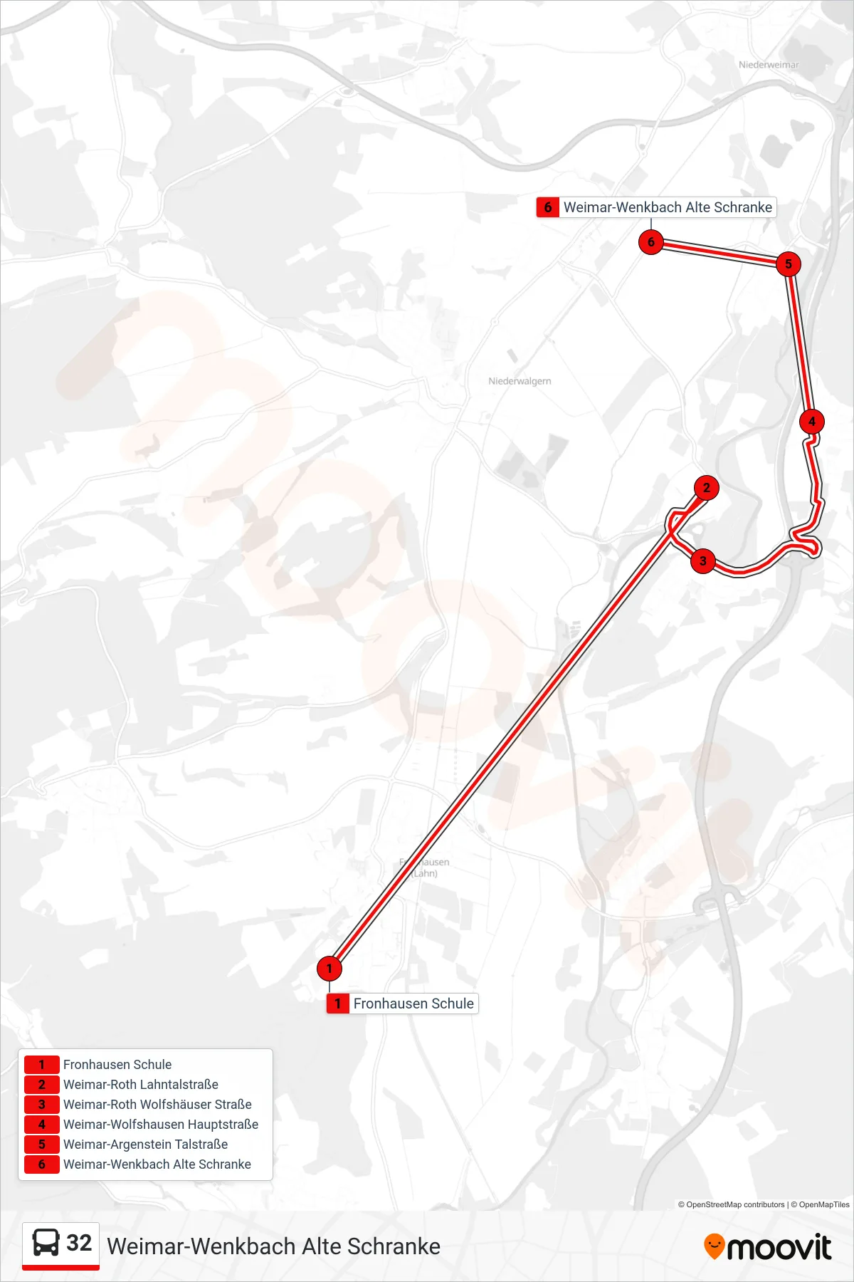 32 bus Line (Weimar-Wenkbach Alte Schranke) route and stops on a map