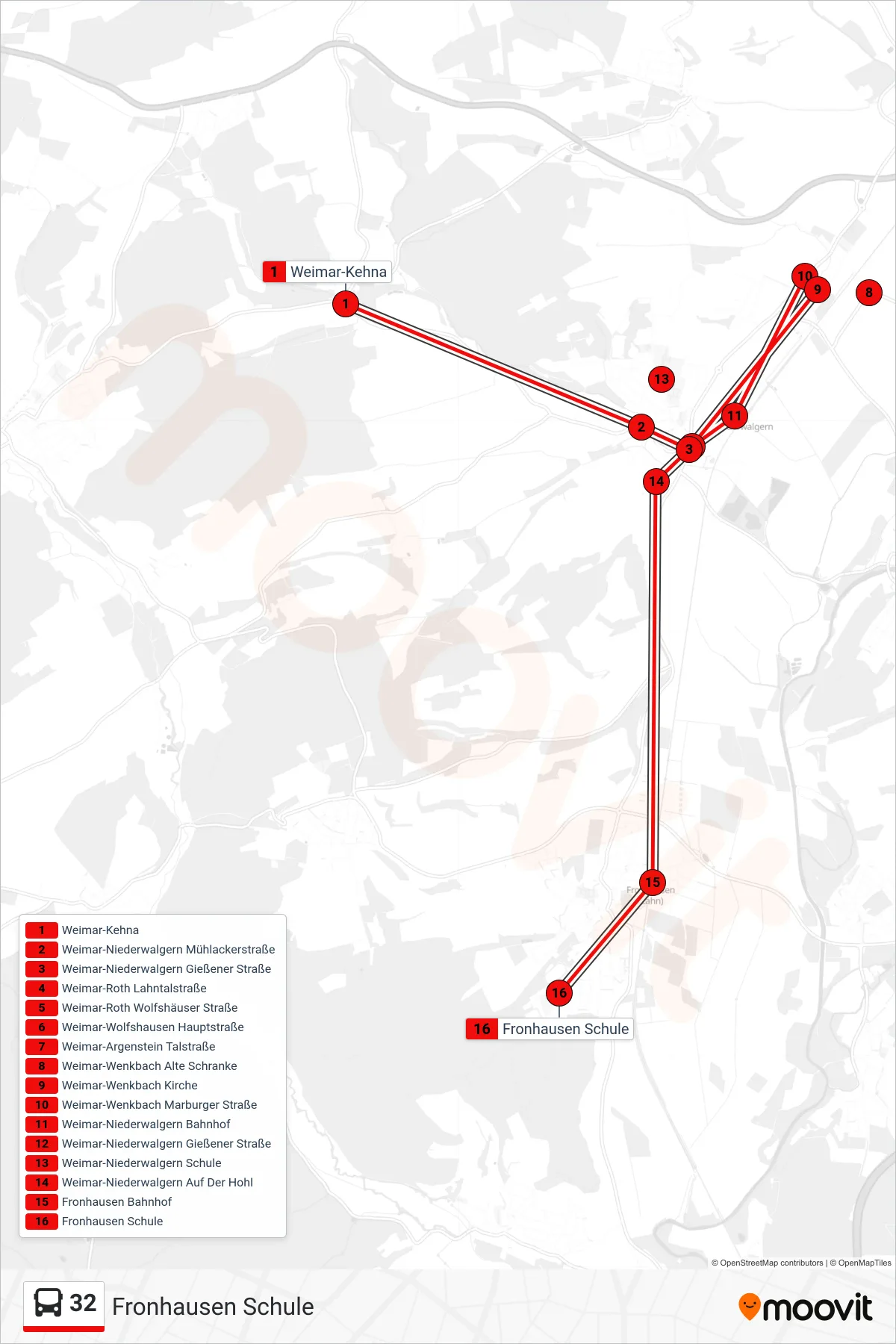 32 bus Line (Fronhausen Schule) route and stops on a map