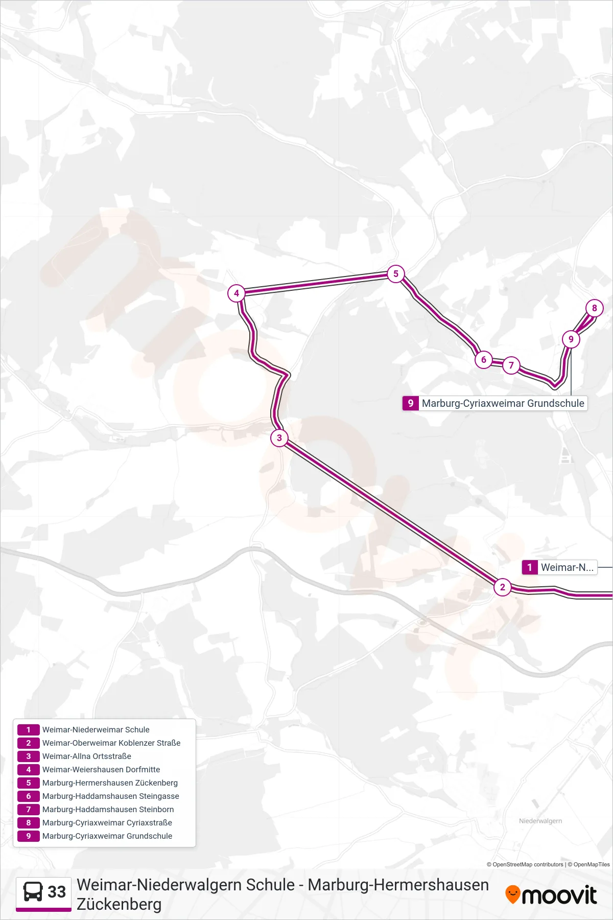 33 bus Line (Marburg-Cyriaxweimar Grundschule) route and stops on a map