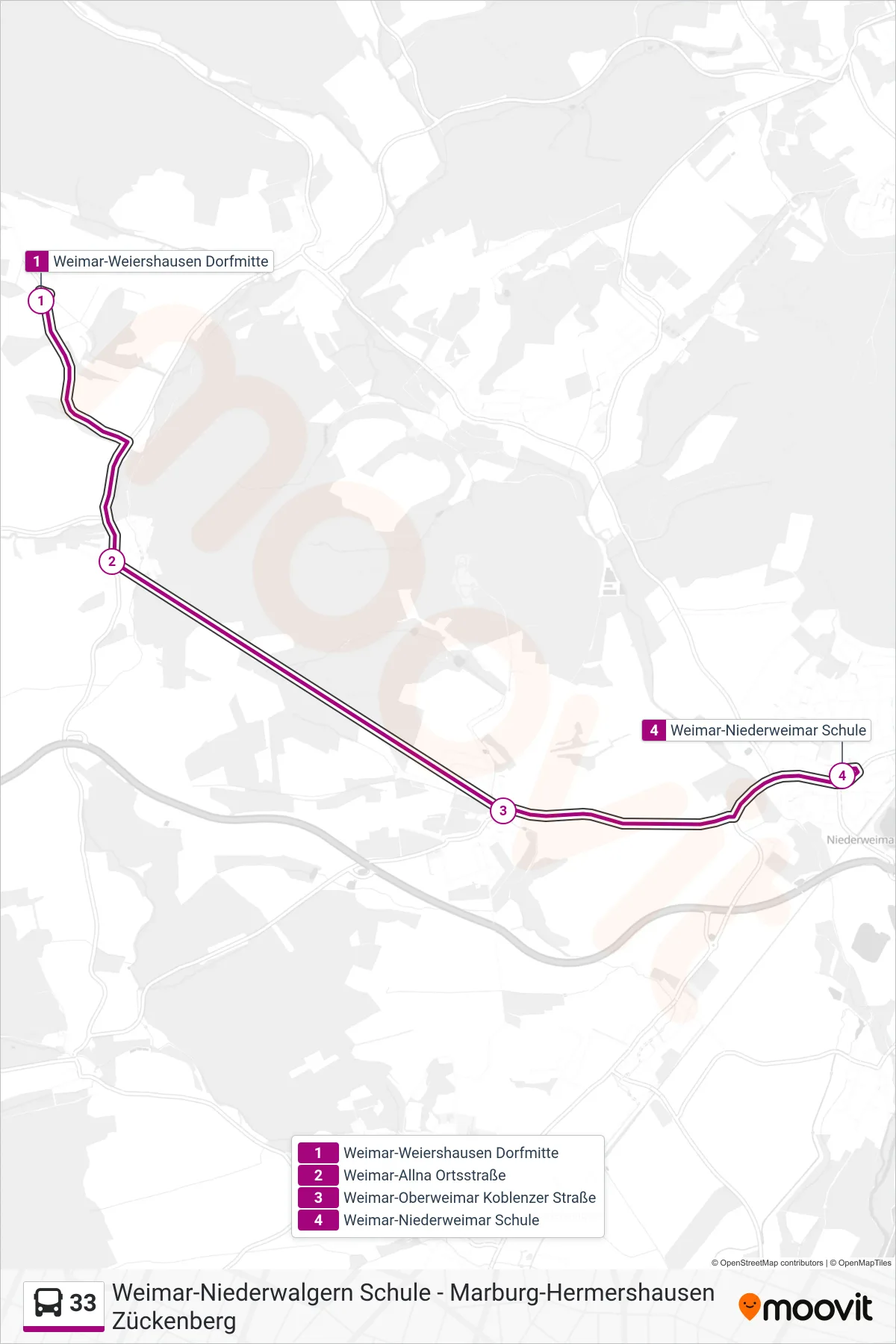 33 bus Line (Weimar-Niederweimar Schule) route and stops on a map