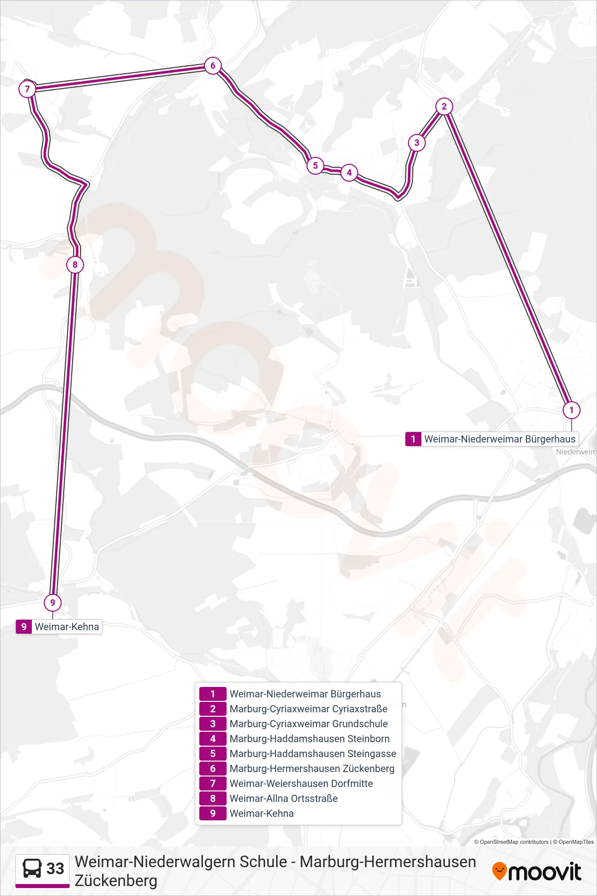 33 bus Line (Weimar-Kehna) route and stops on a map