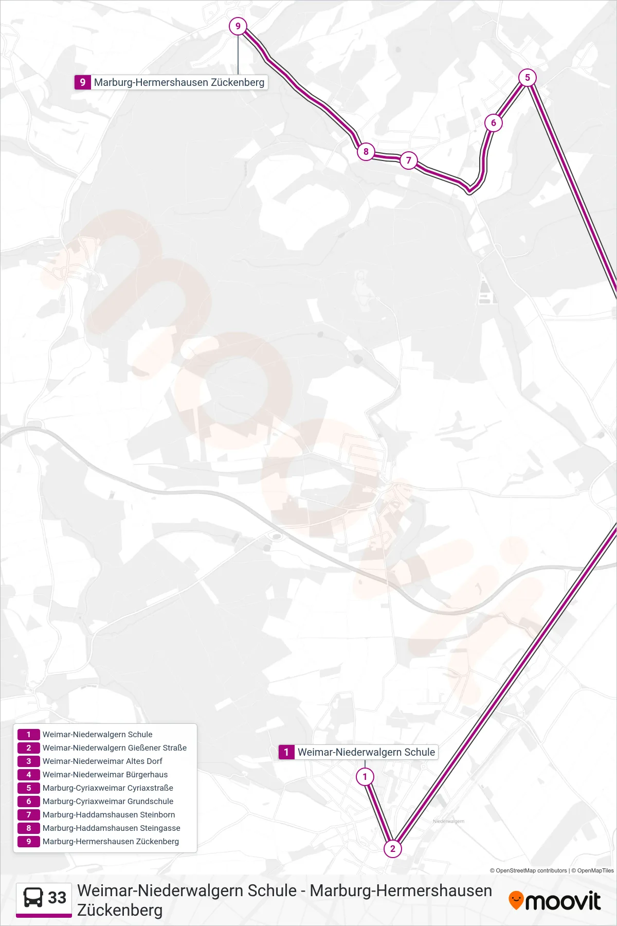 33 bus Line (Marburg-Hermershausen Zückenberg) route and stops on a map