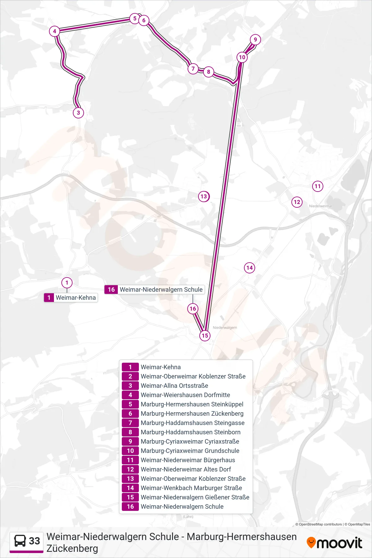 33 bus Line (Weimar-Niederwalgern Schule) route and stops on a map