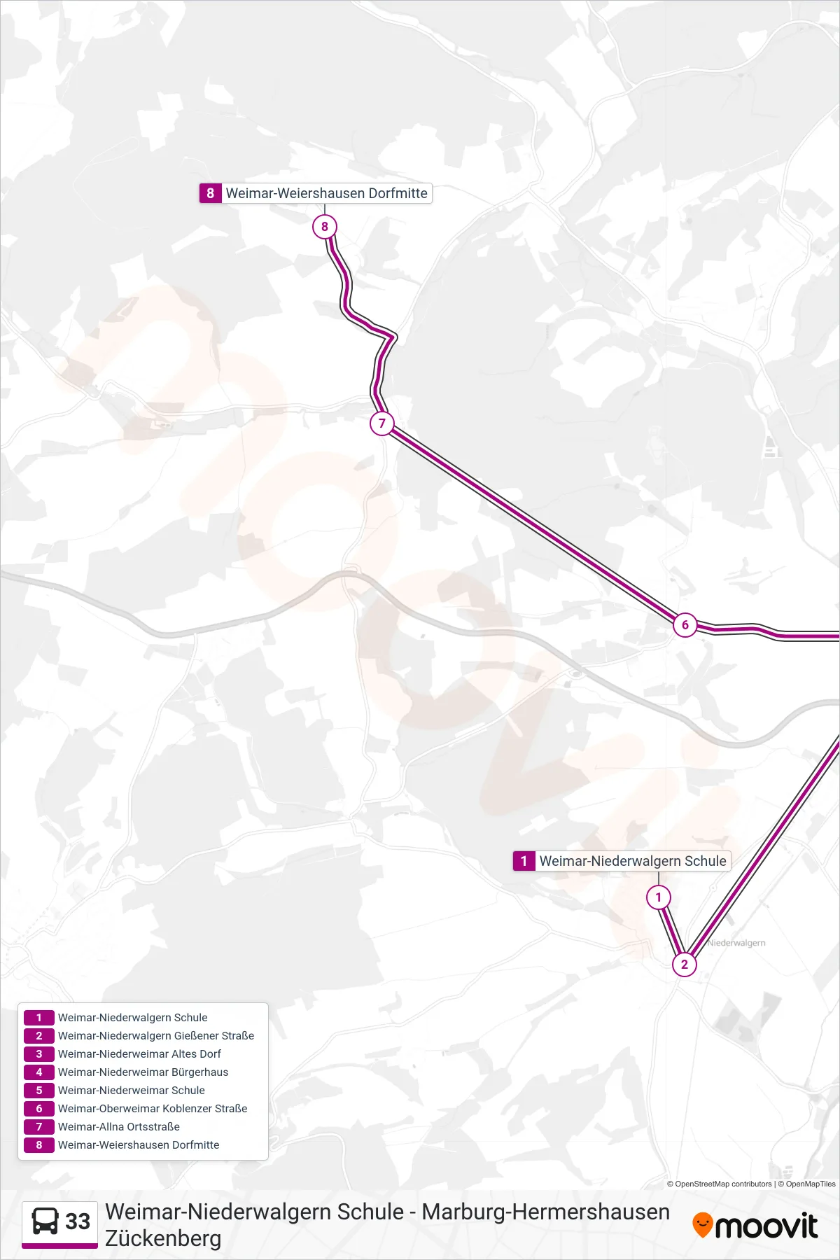 33 bus Line (Weimar-Weiershausen Dorfmitte) route and stops on a map